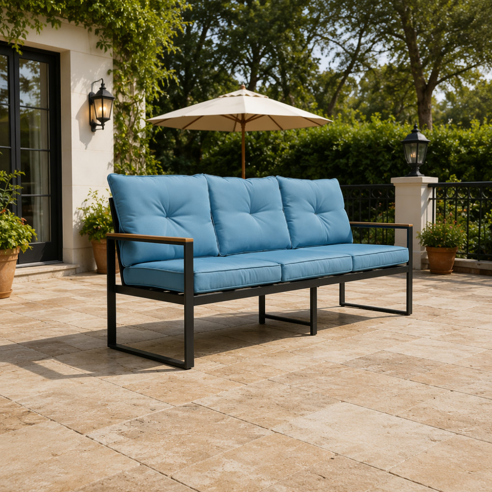 Steel 3-Seat Outdoor-Patio Sofa Cushions Conversation Deck Garden Pool-side Blue