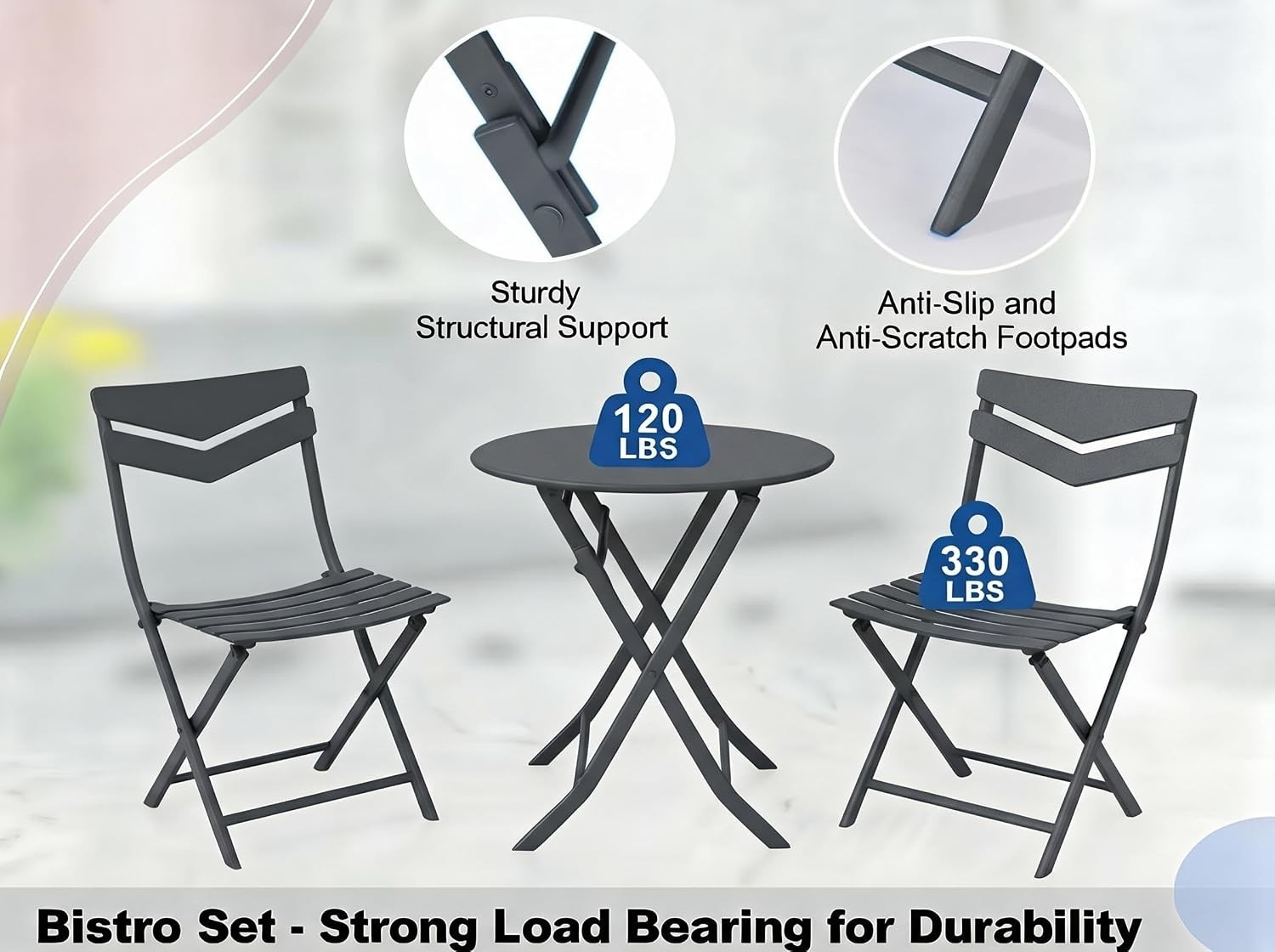 3-Piece Folding Bistro Set Outdoor Garden Table Chair for 2 Balcony Furniture