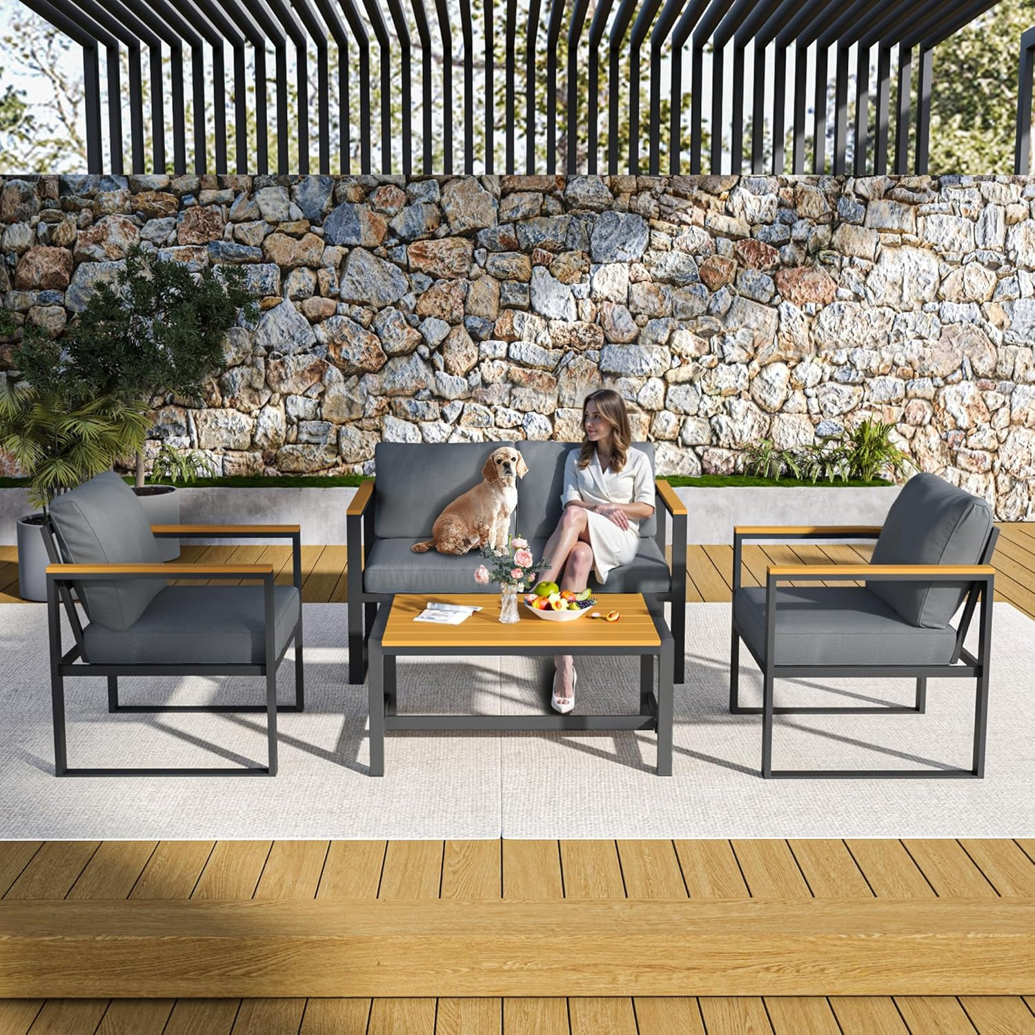 4 Pieces Outdoor Patio Furniture Set, Modern Metal Balcony Furniture with Plasti