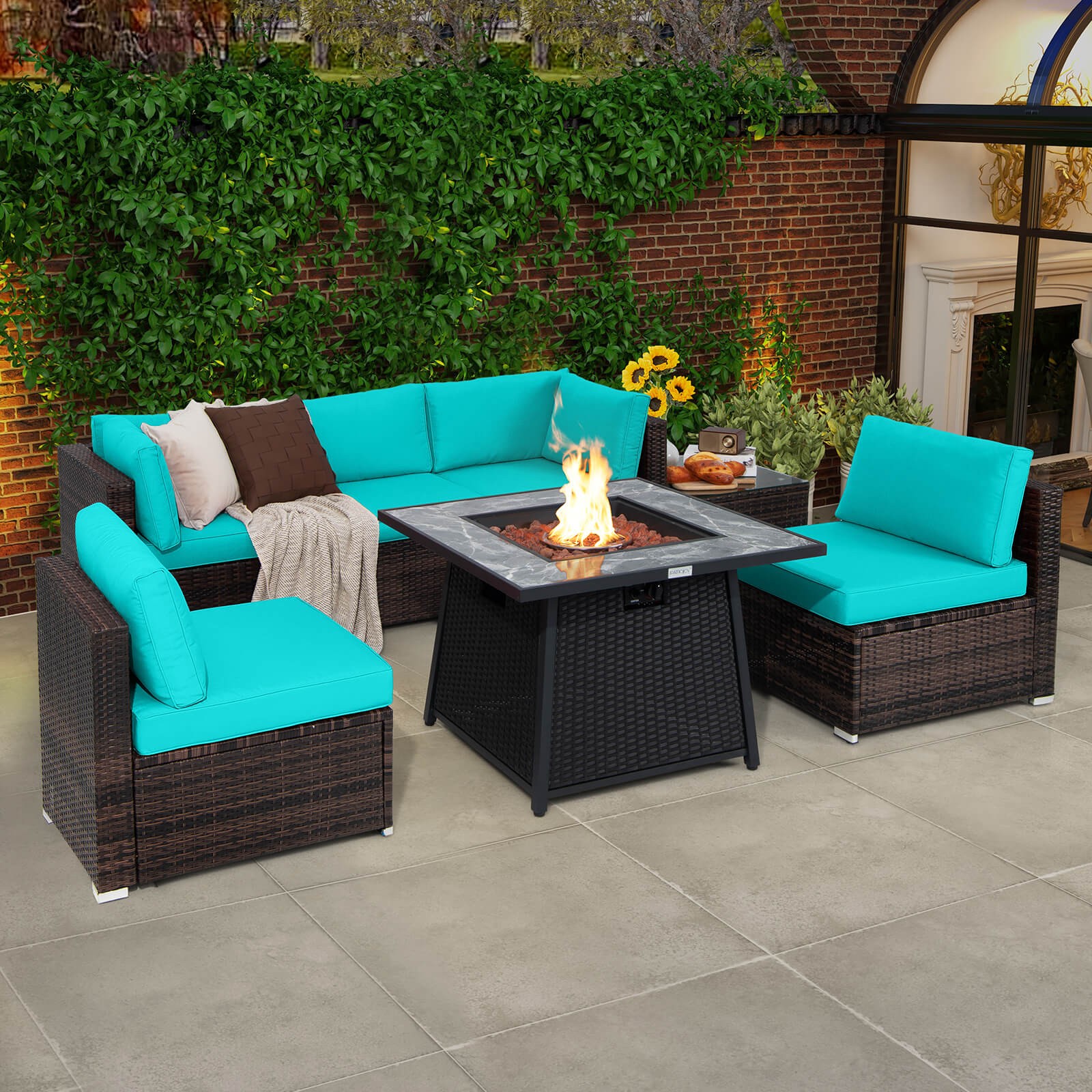 Patio 7 PCS Furniture Set w/ 35″ Propane Gas Fire Pit Table & Waterproof Cover