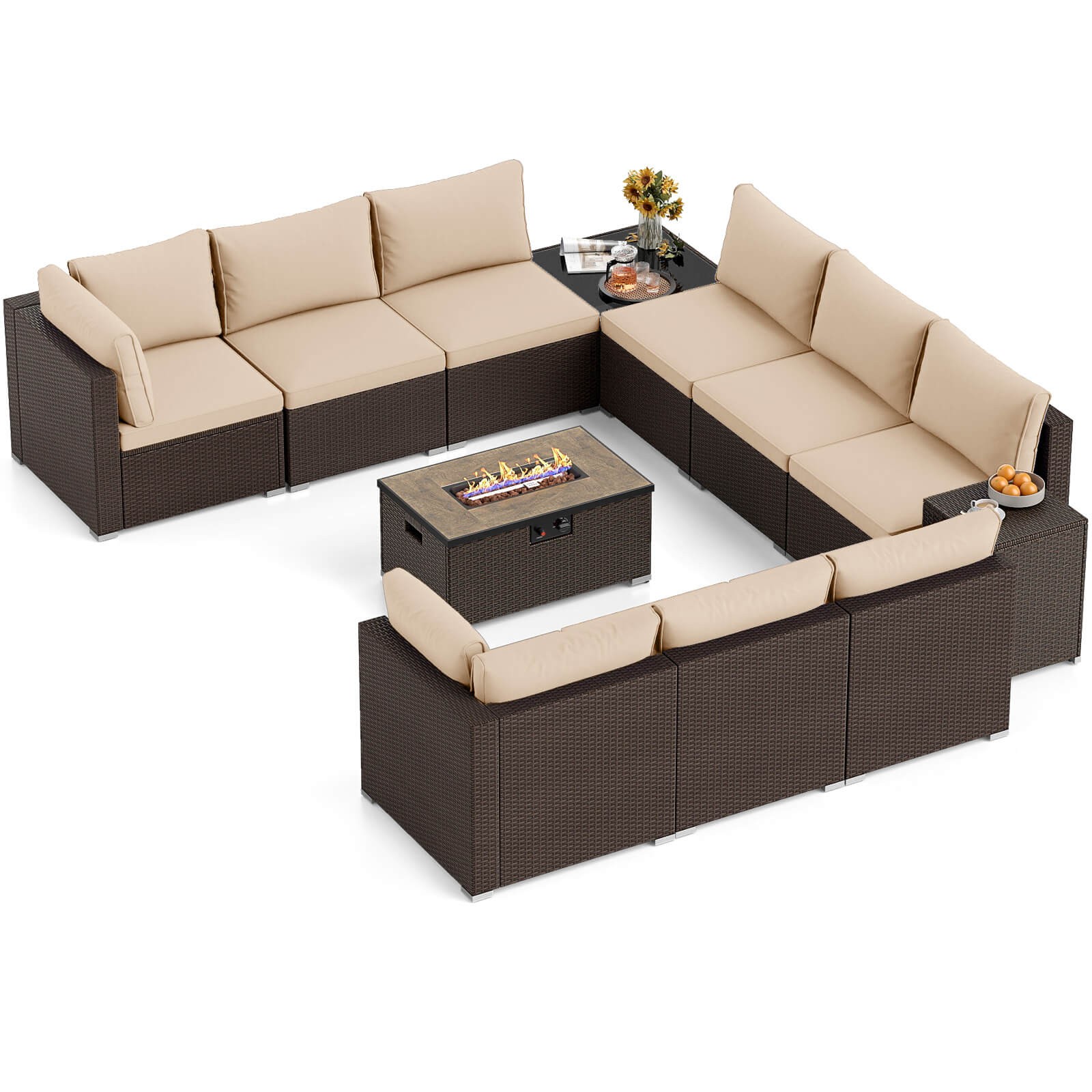 12 PCS Patio Wicker Sectional Sofa Set w/ 32” Propane Fire Pit Table Tank Holder