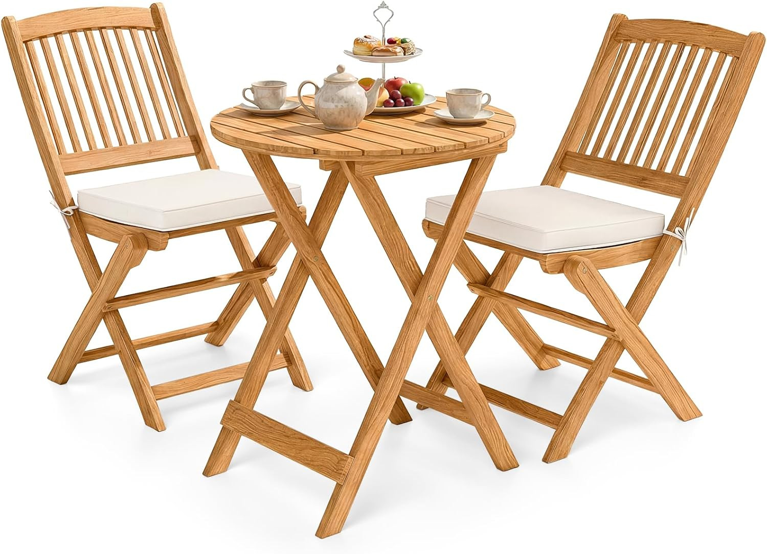 Giantex 3Pcs Patio Bistro Set, Wood Folding Table Set, 2 Cushioned Chairs for Ga
