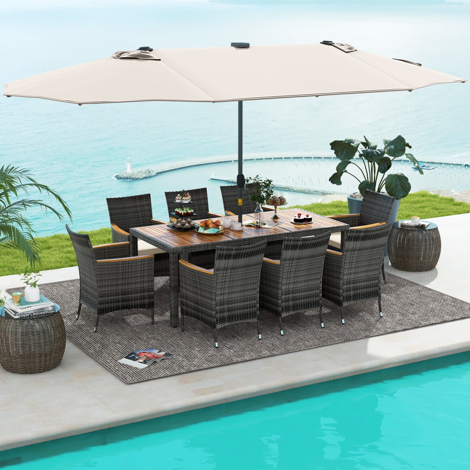 11Pcs Patio Dining Set 15Ft Double-Sided Umbrella Base Included Beige