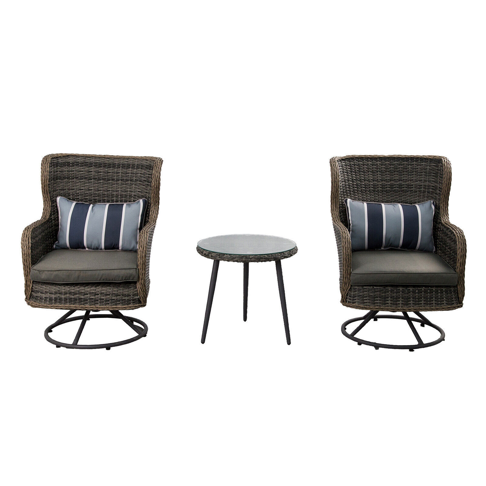 3 Pieces Swivel Chair Set Outdoor Wicker Furniture Tempered Glass Coffee Table