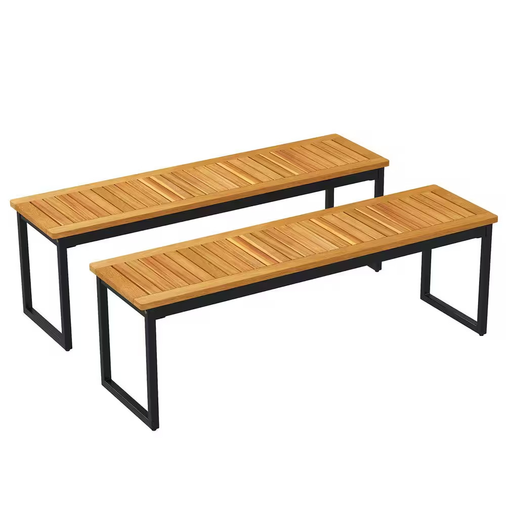 2-Pieces 51 In. Wooden Outdoor Bench Patio Dining Bench with Acacia Wood Seat Na