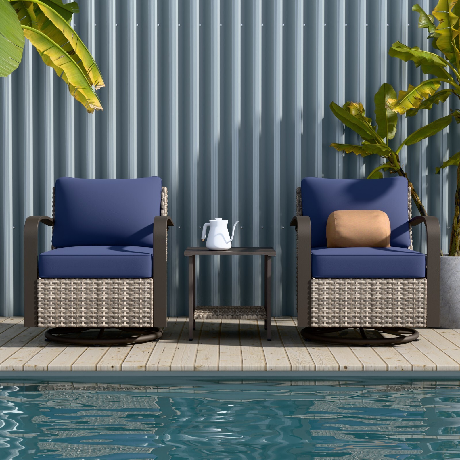 EAGLE PEAK Coastal Vista 3 Piece Outdoor Patio Swivel Chairs with Side Table