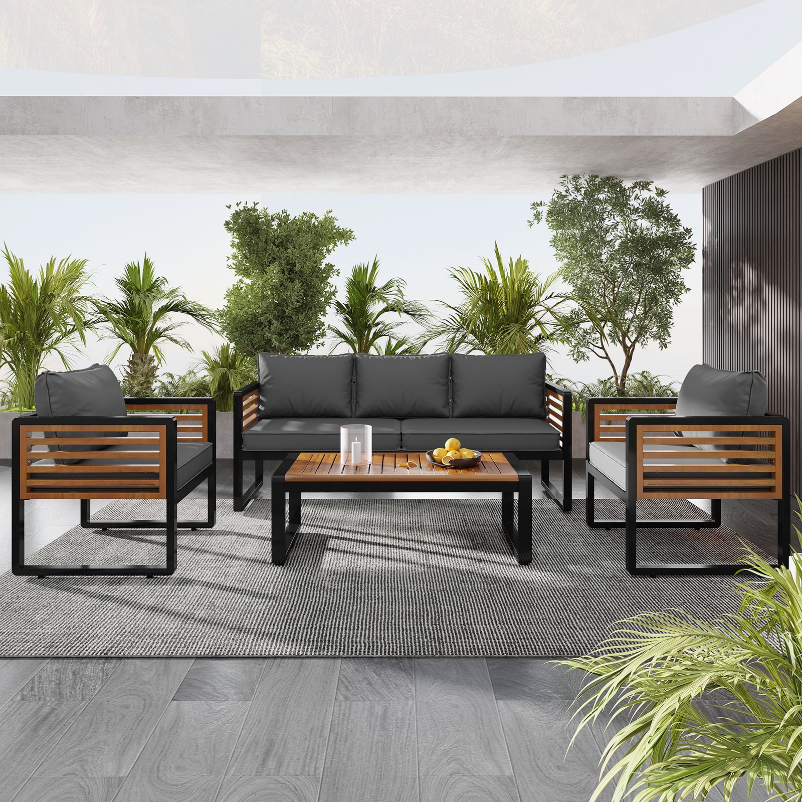Outdoor Patio Furniture Set 5-Person Sofa Metal Wood Gray Cushions