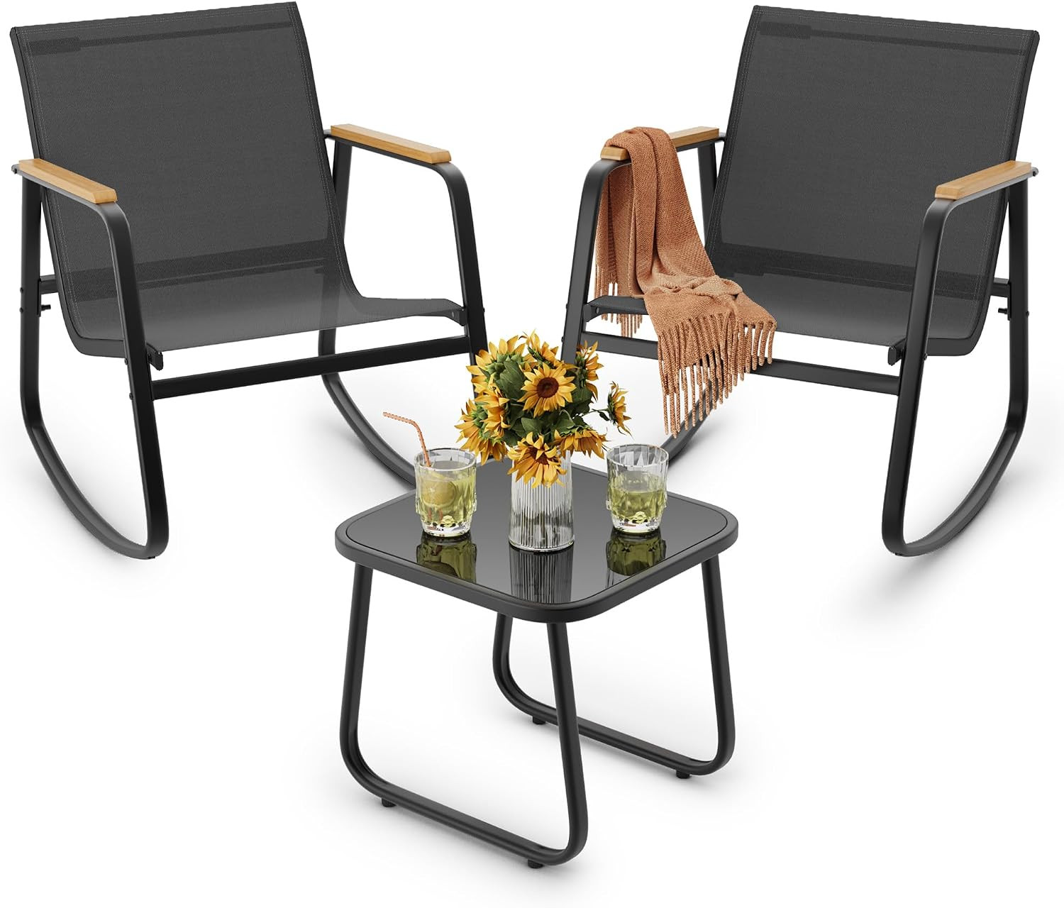 3 Pieces Patio Furniture Set Textilene Fabric Outdoor Patio Rocking Bistro Set w