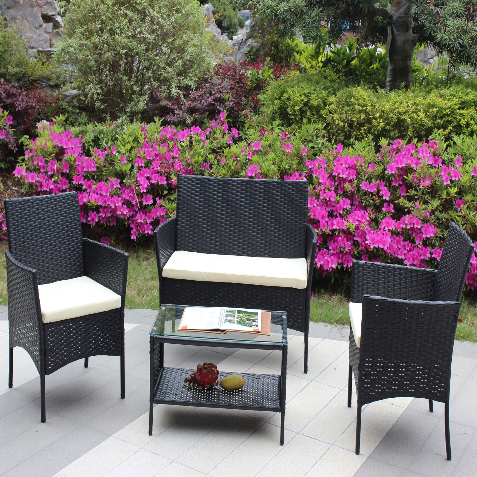 FUNIDEE 4-Piece Outdoor Patio Furniture Sets Conversation Sets Sofas Beige