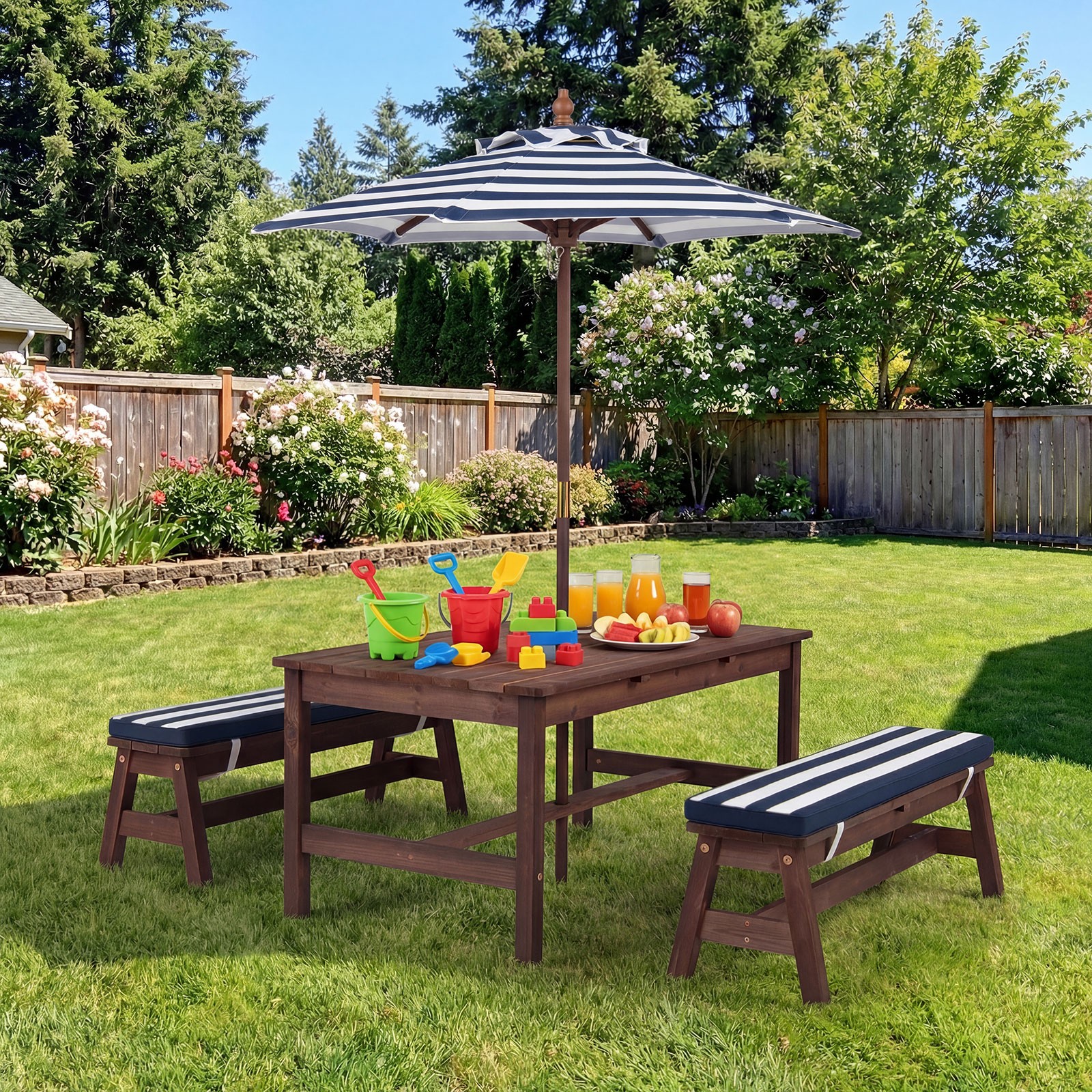 Kids Picnic Table, Outdoor Wooden Table and Bench Set with Removable Umbrella