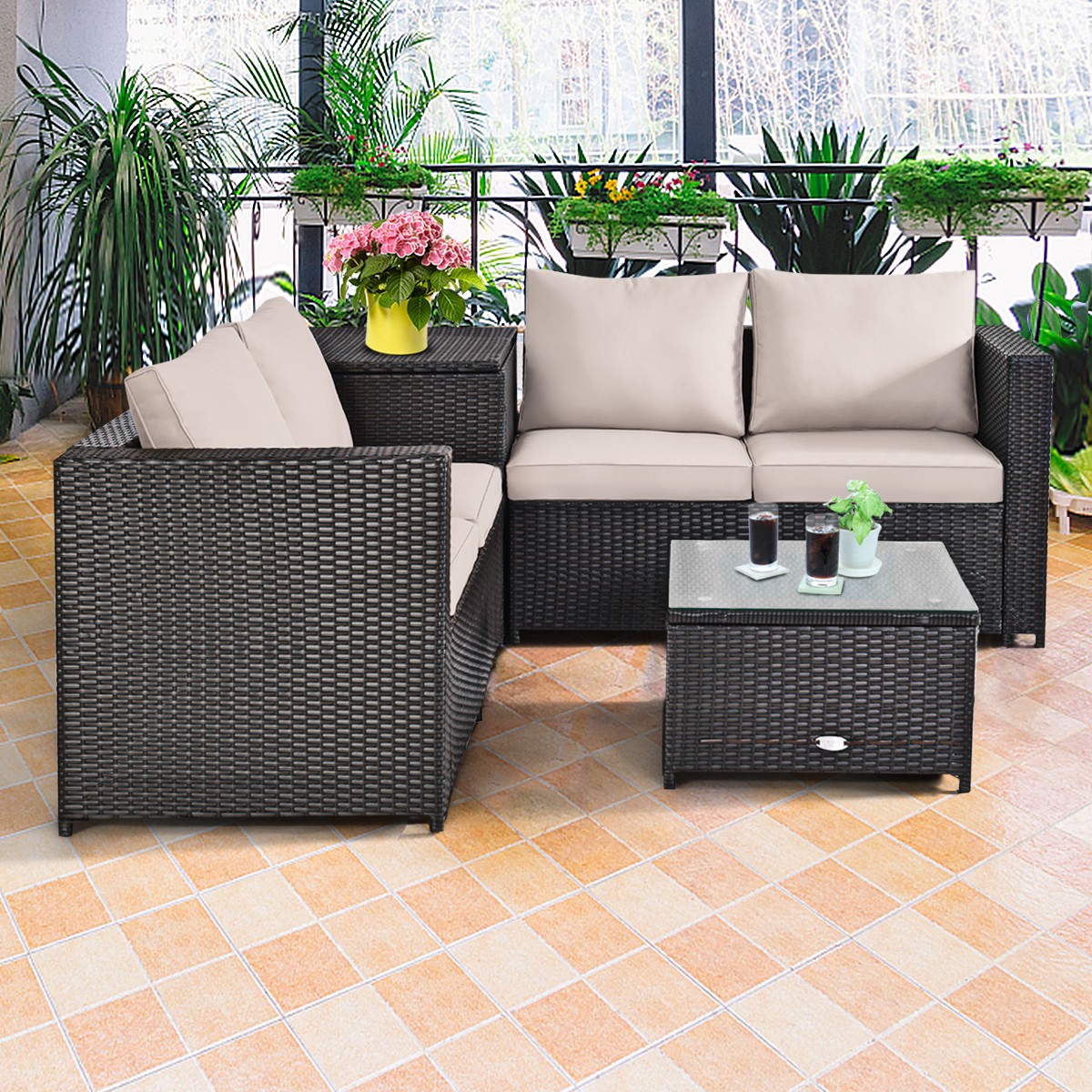 Topbuy 4 PCS Patio Rattan Furniture Set Wicker Conversation Set W/Storage Box