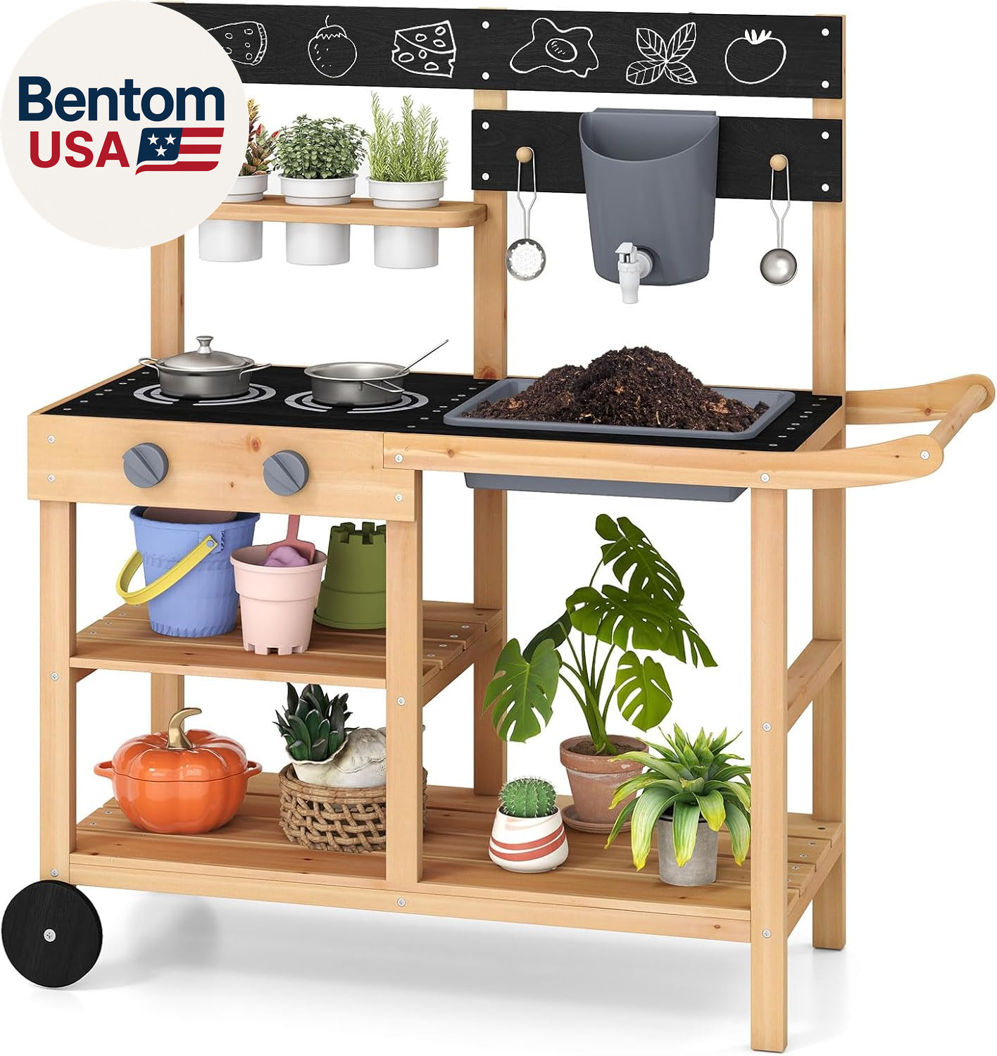 Mud Kitchen with Wheels, Wooden Kids Potting Bench with Planting Pots, Blackboar