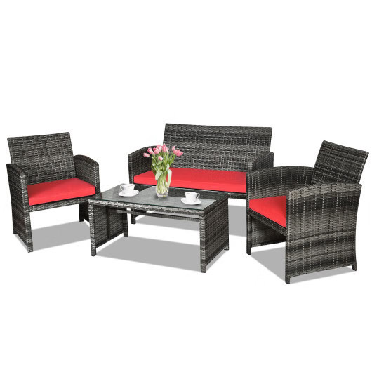 Costway 4PCS Patio Rattan Conversation Glass Table Top Cushioned Sofa Red – Colo