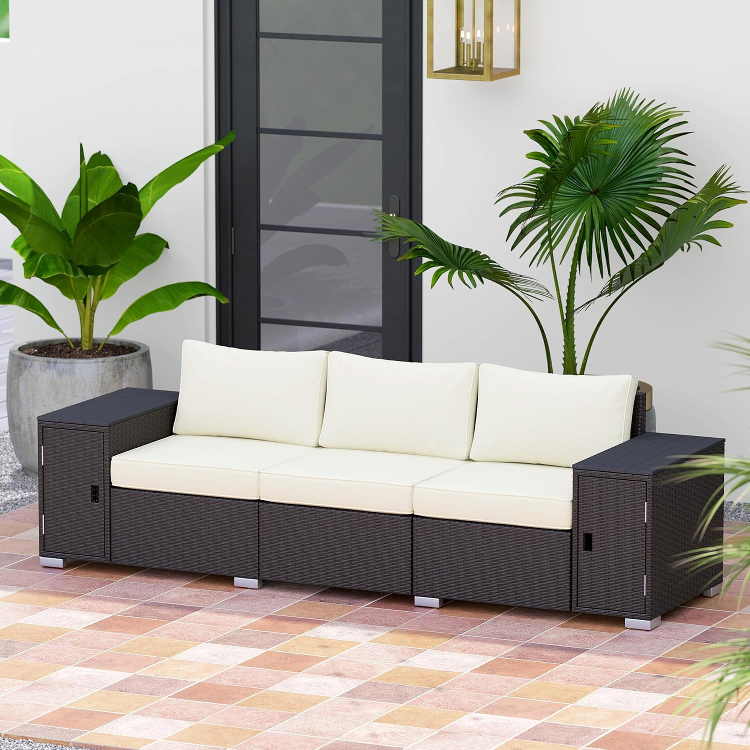3 Seater Wicker Sofa with 2 Storage Side Tables and Thickened Cushions, Rattan O