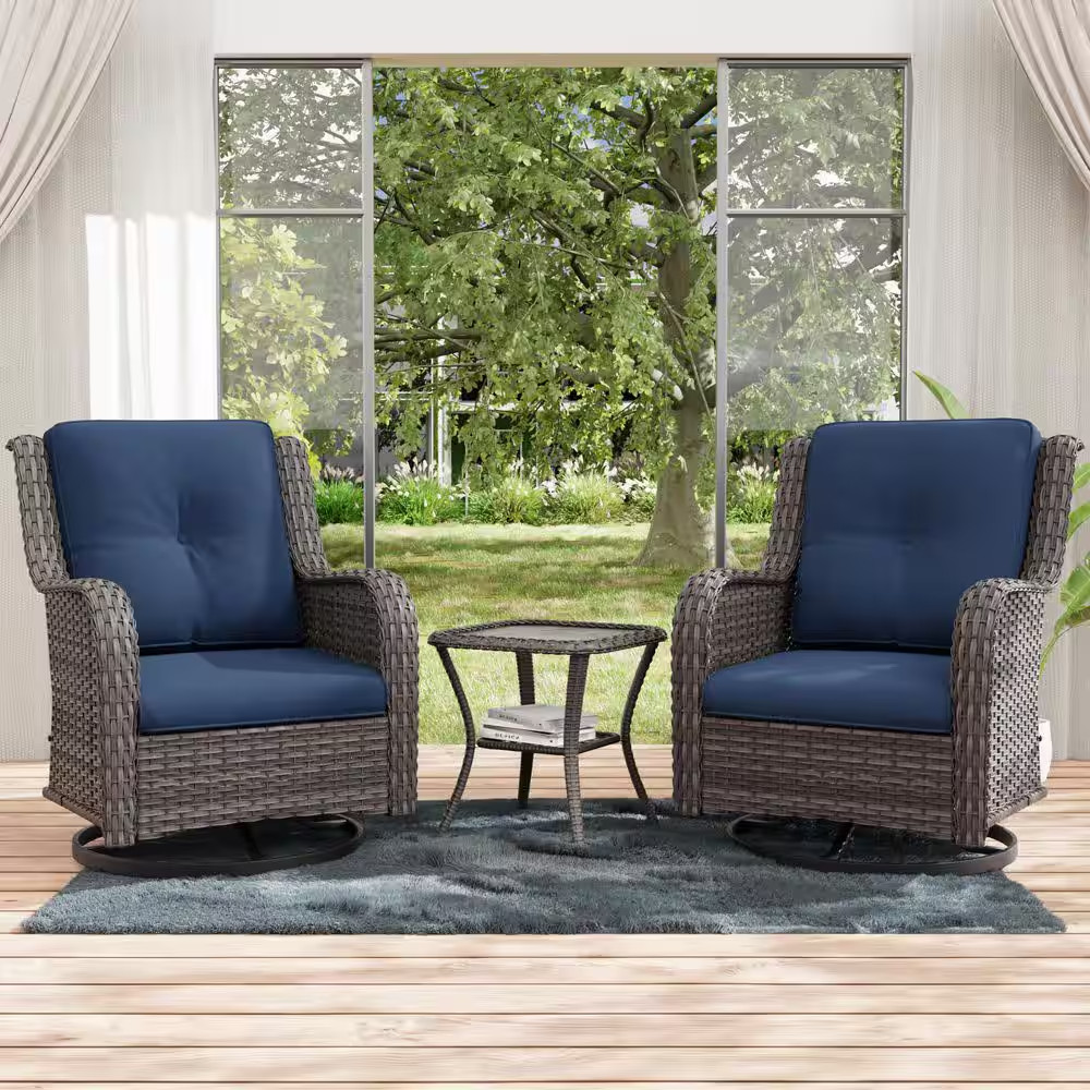 Swivel Brown Wicker Outdoor Rocking Chair with Blue Cushions and Side Table (Set