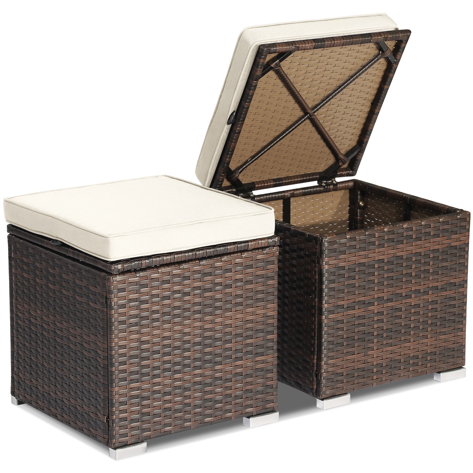2PC Patio Rattan Ottoman Seat Side Table Storage Box Footrest Off White