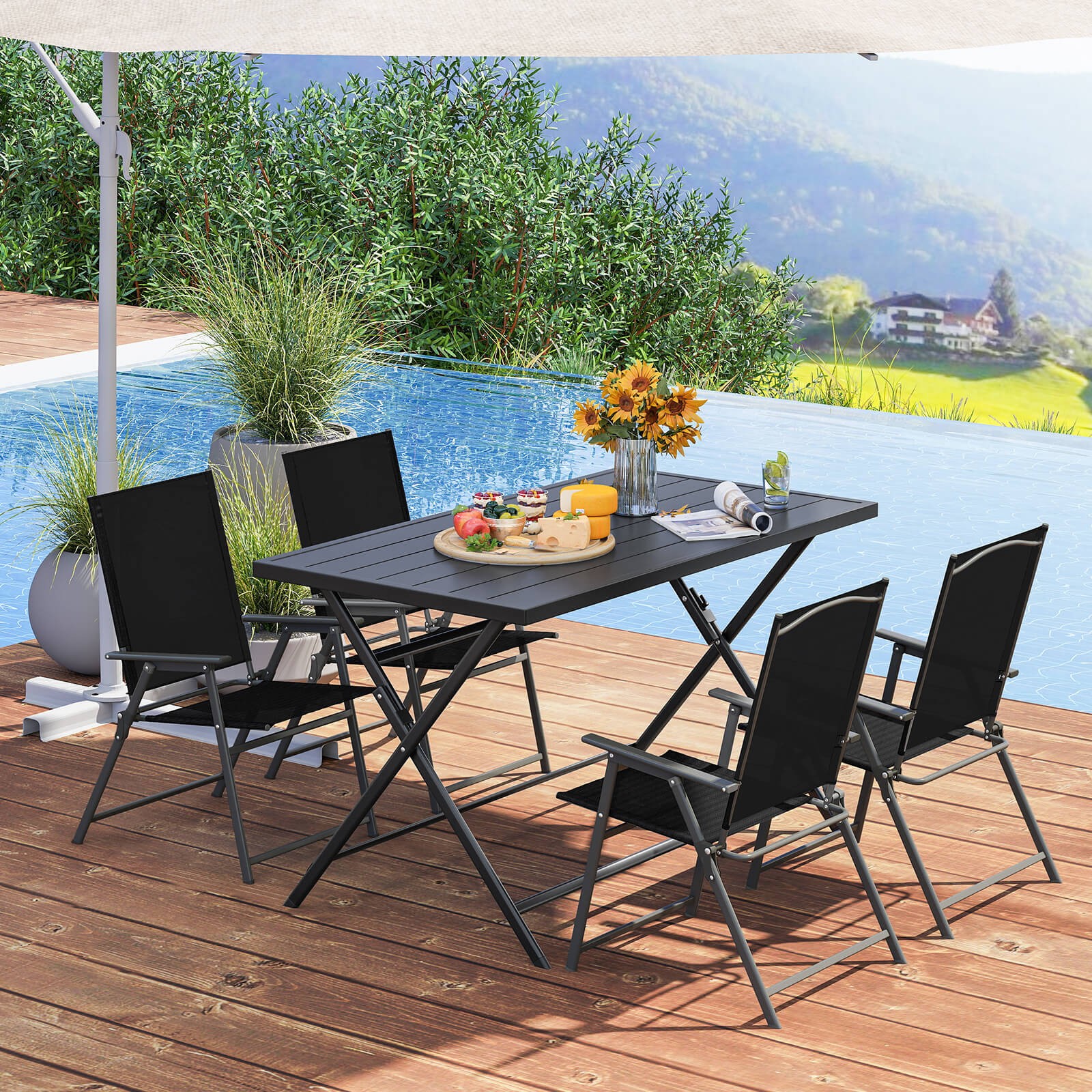 5PCS Foldable Outdoor Dining Set,Large Rectangular Metal Table 4 Mesh Armchairs
