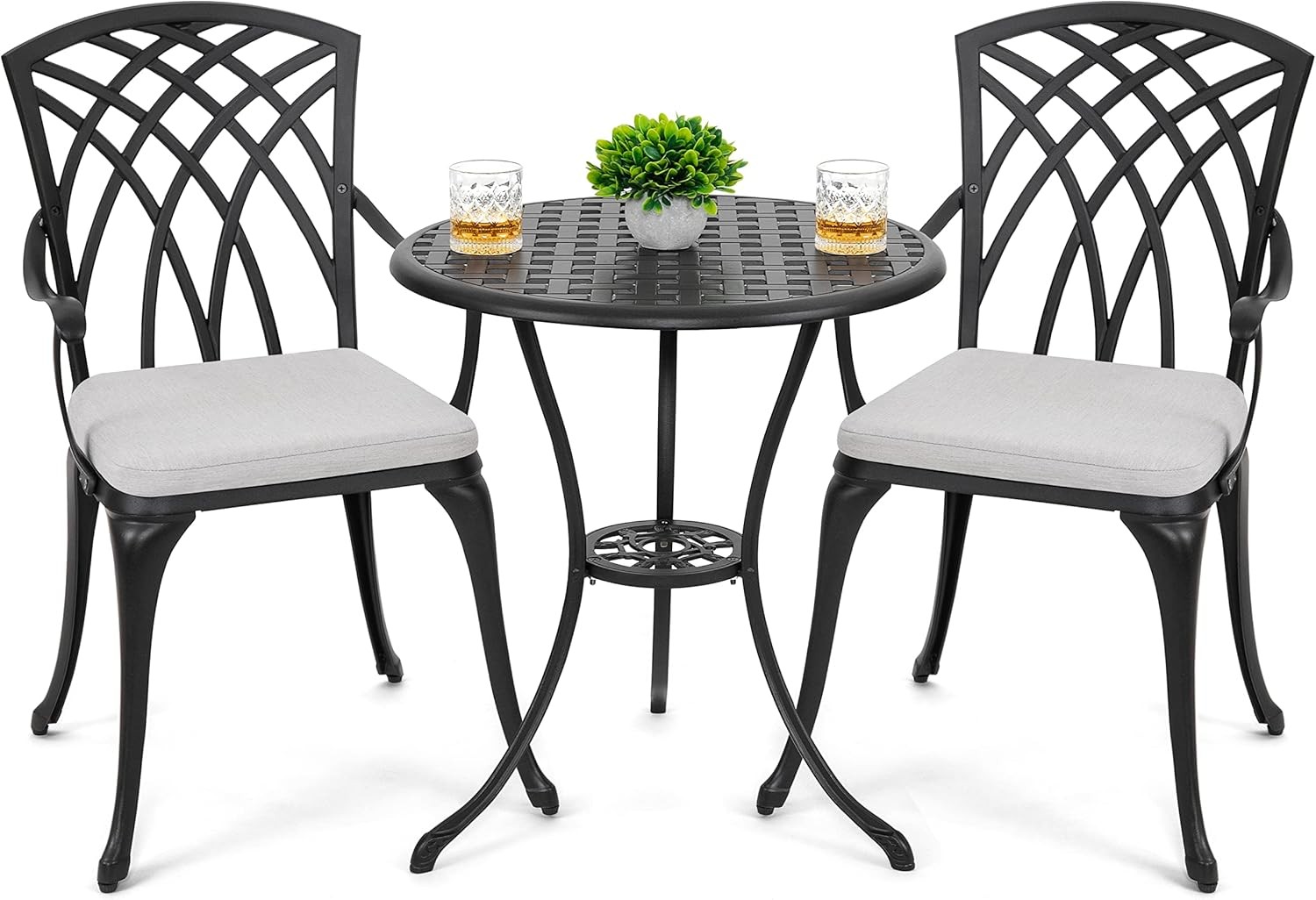 Black NUU GARDEN 3PC Cast Aluminum Bistro Set Gray Cushions Umbrella Hole