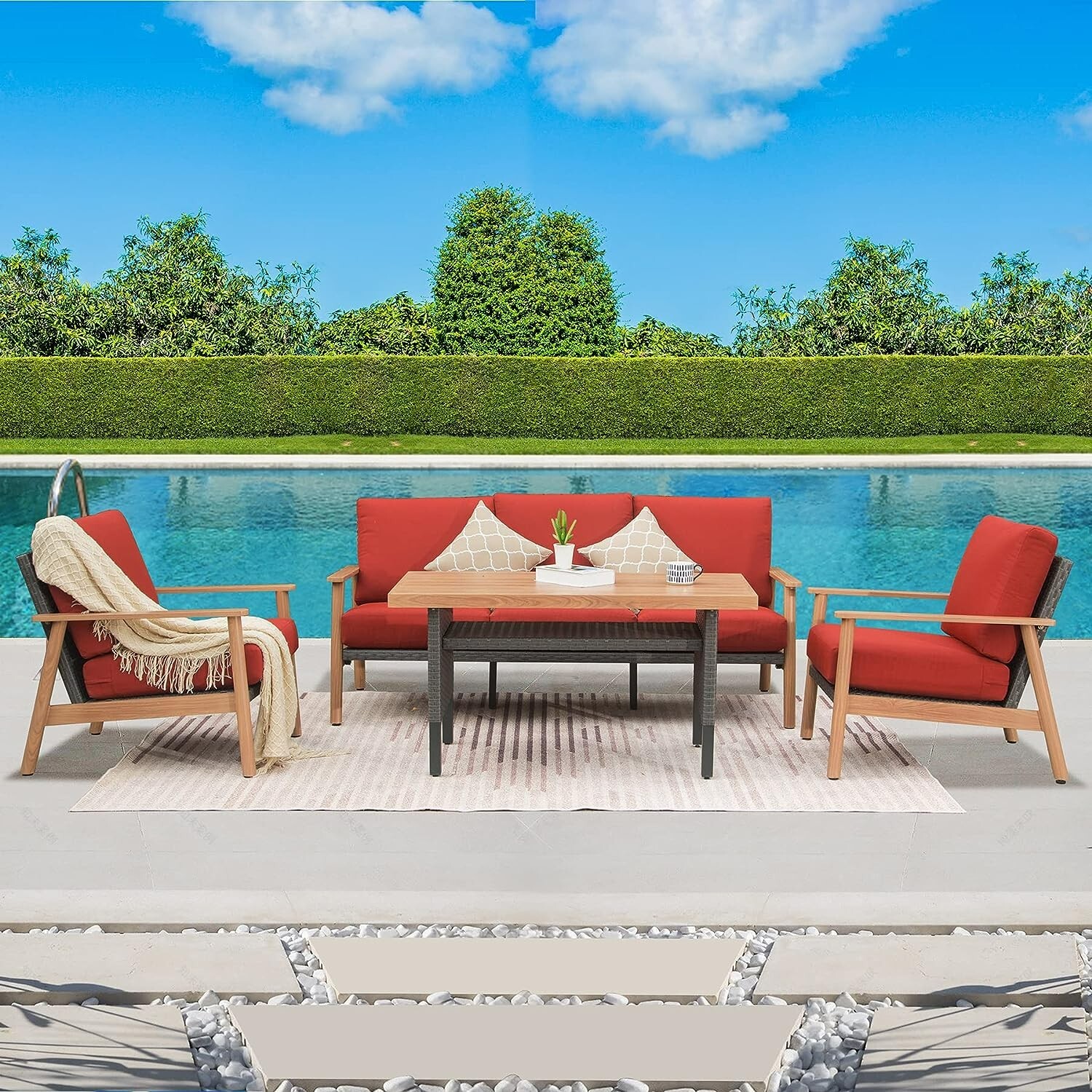 Patio (4 pieces), hand-woven rattan wooden aluminum frame (Red 5 pieces)