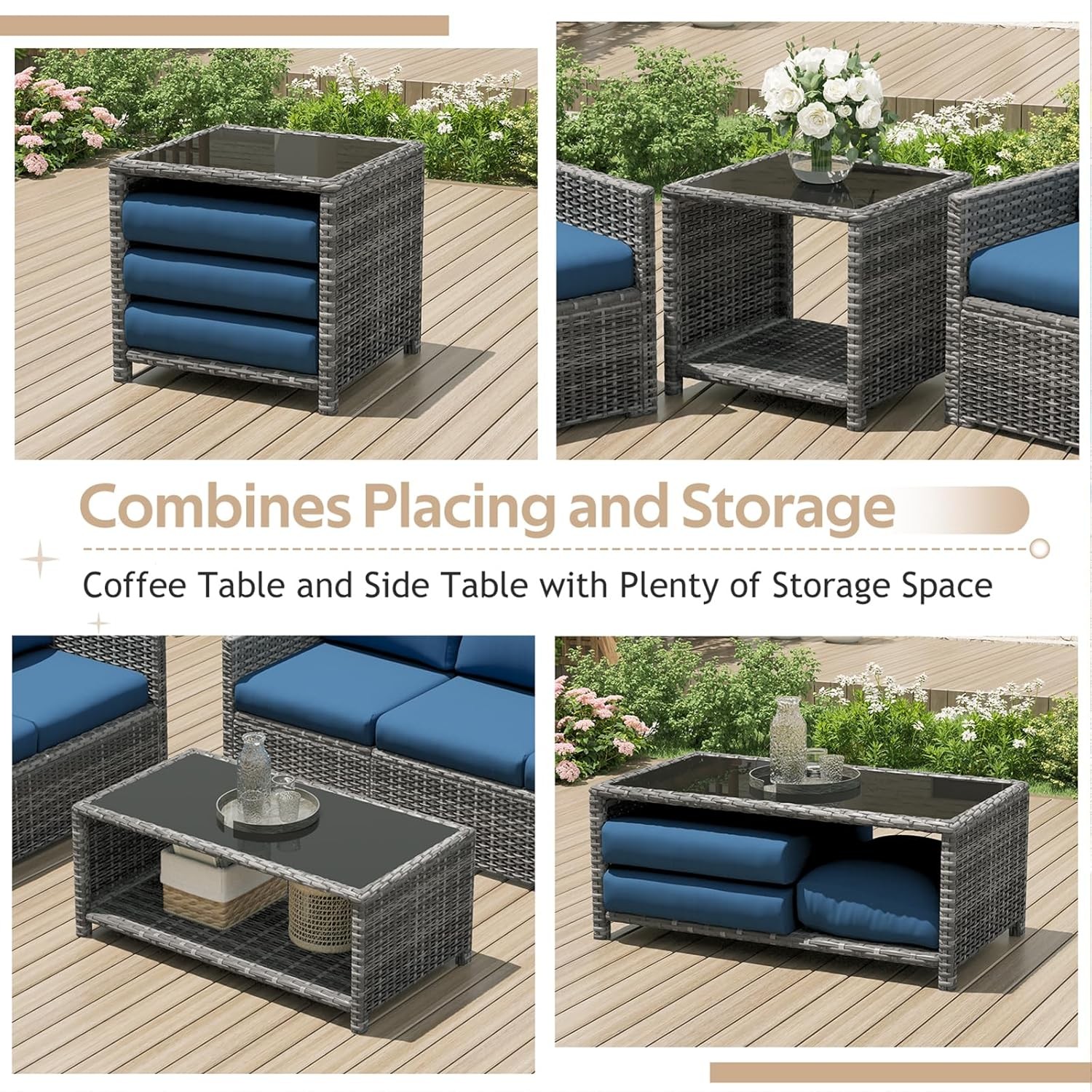 7PCS Patio Wicker Conversation Set with 2 Tables Outdoor Furniture for Garden