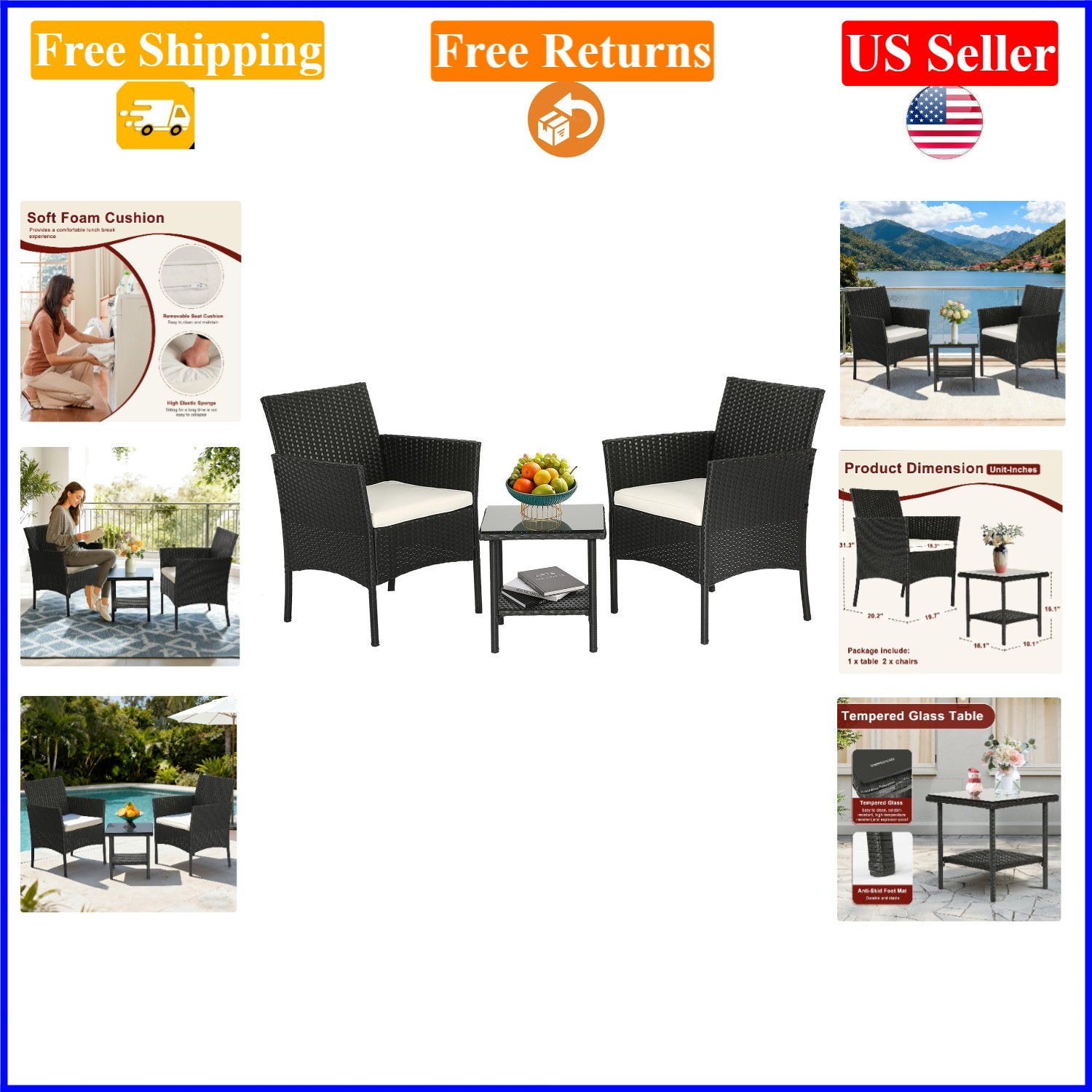 Black 3-Piece Rattan Outdoor Patio Furniture Set with Cushions