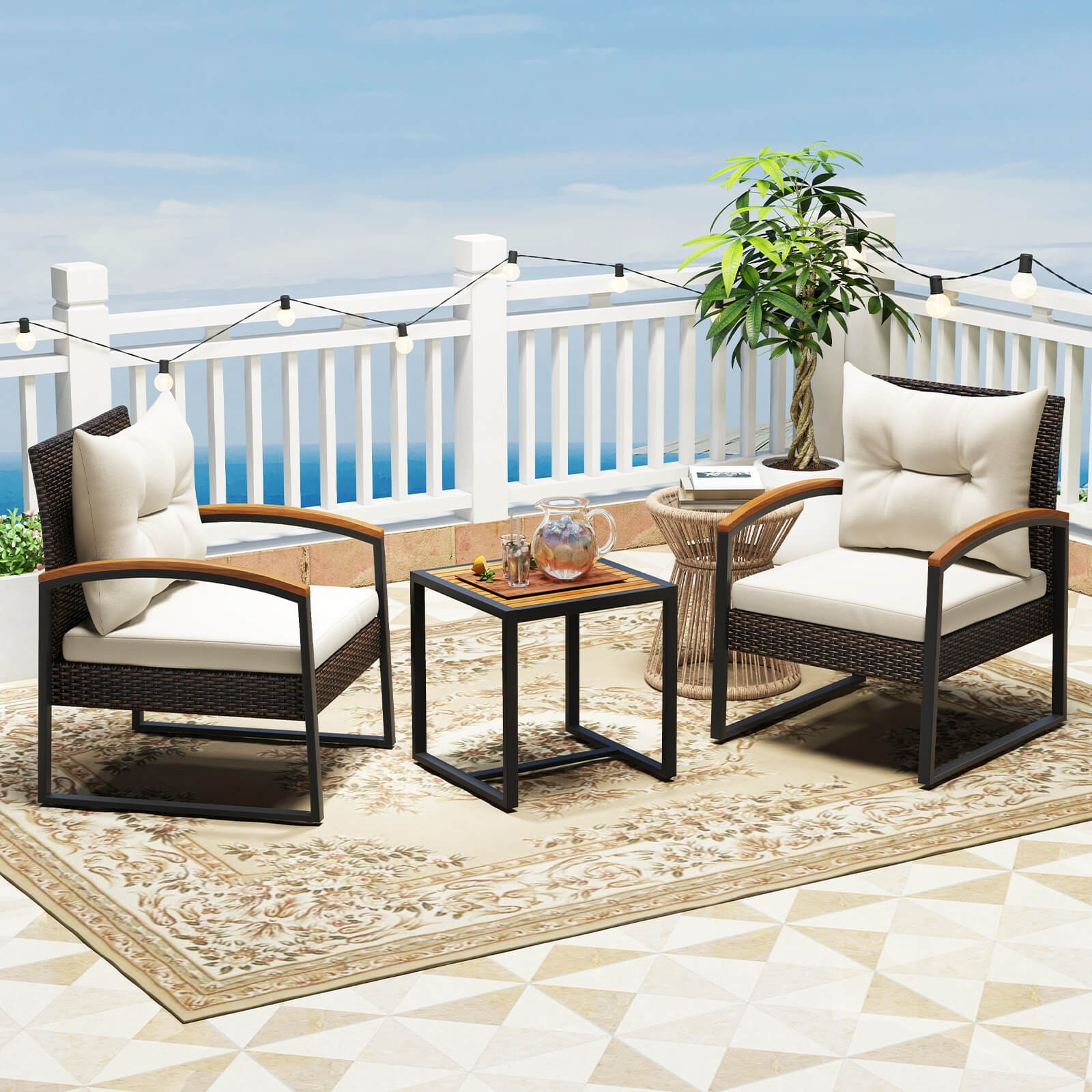 3PCS Patio Wicker Furniture Set with Acacia Wood Table for Poolside Backyard