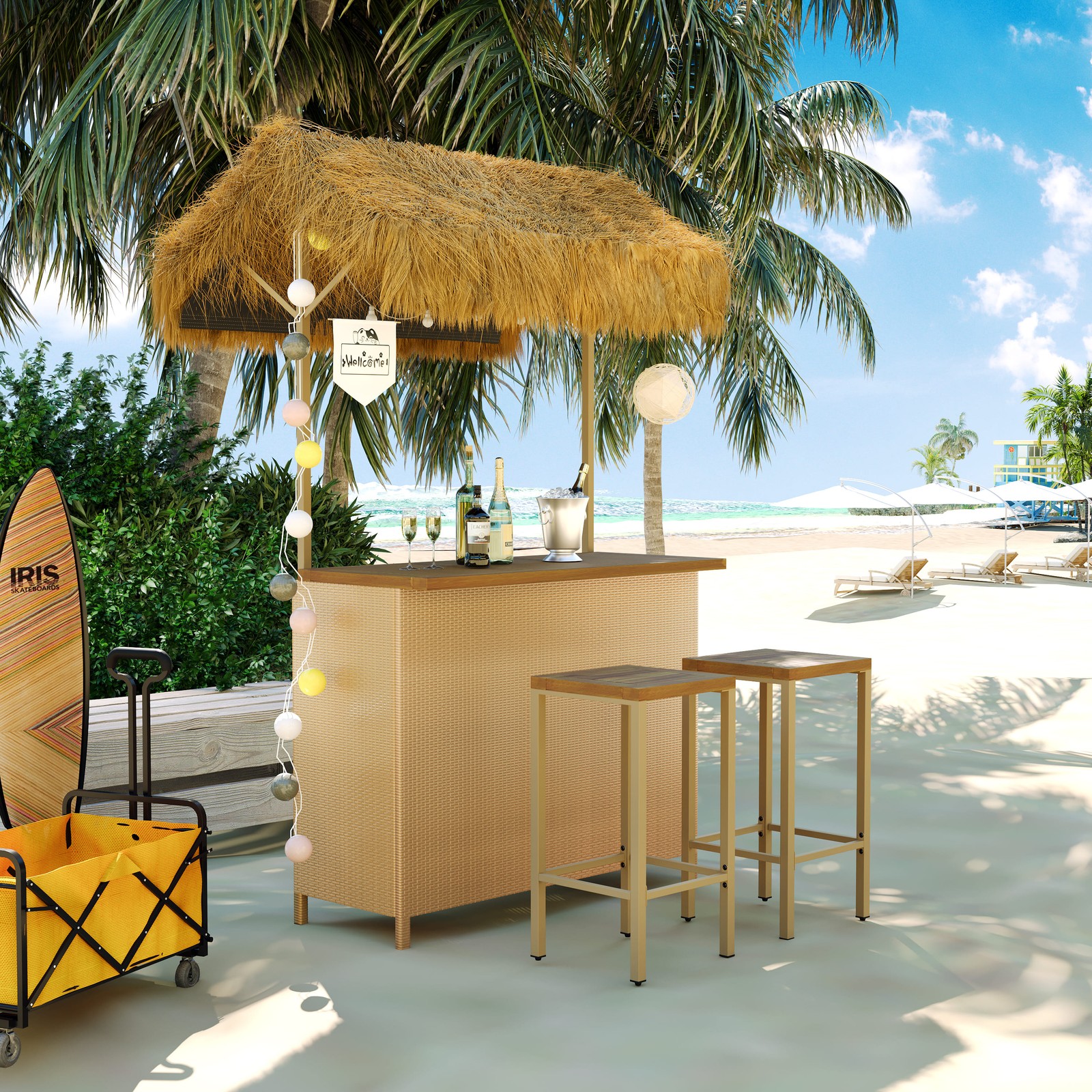 Hawaiian-Style Outdoor Bar Set with Acacia Wood Top & PE Rattan