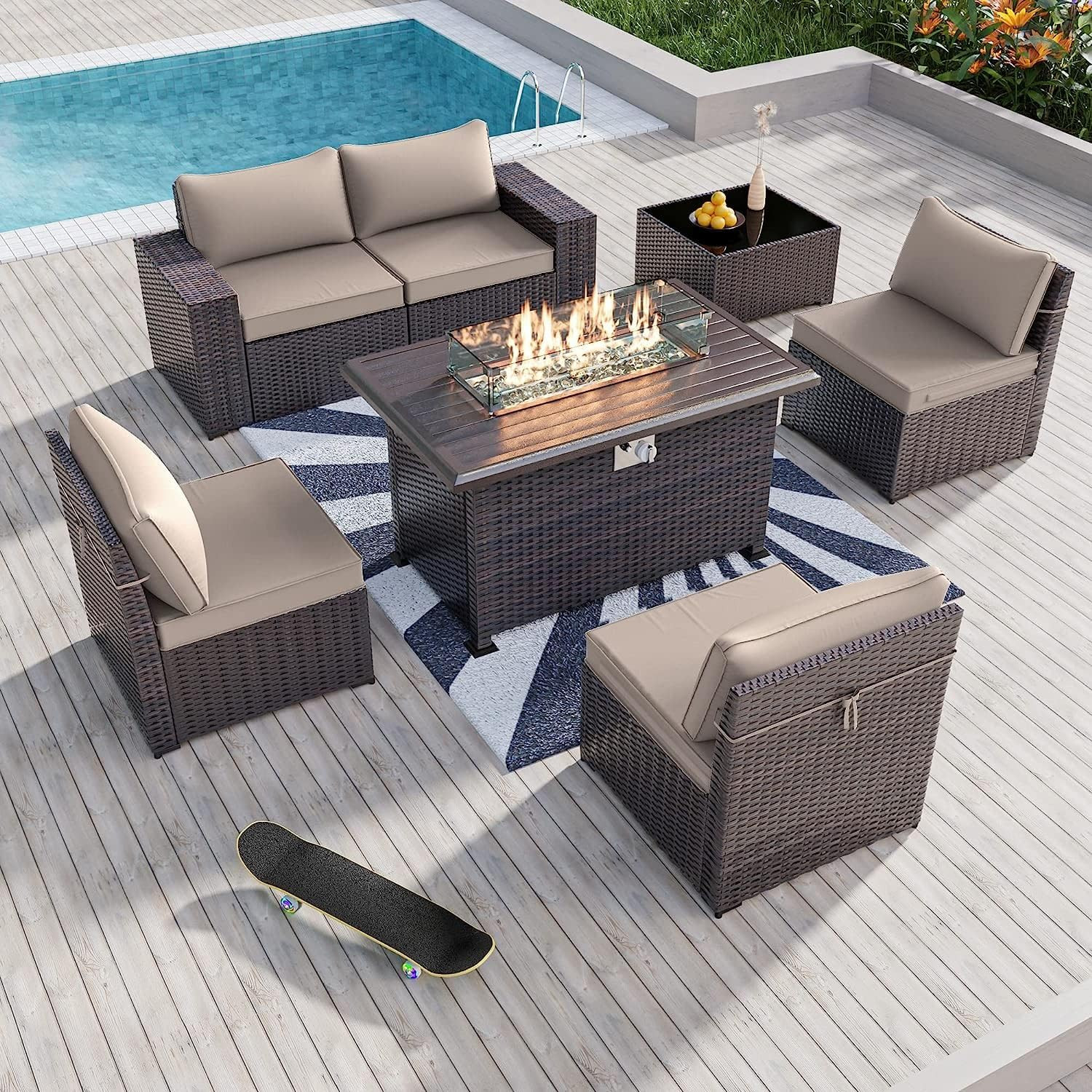 Kullavik 7 Pieces Outdoor Patio Furniture Set with 43″ 55000BTU Gas Propane Fire