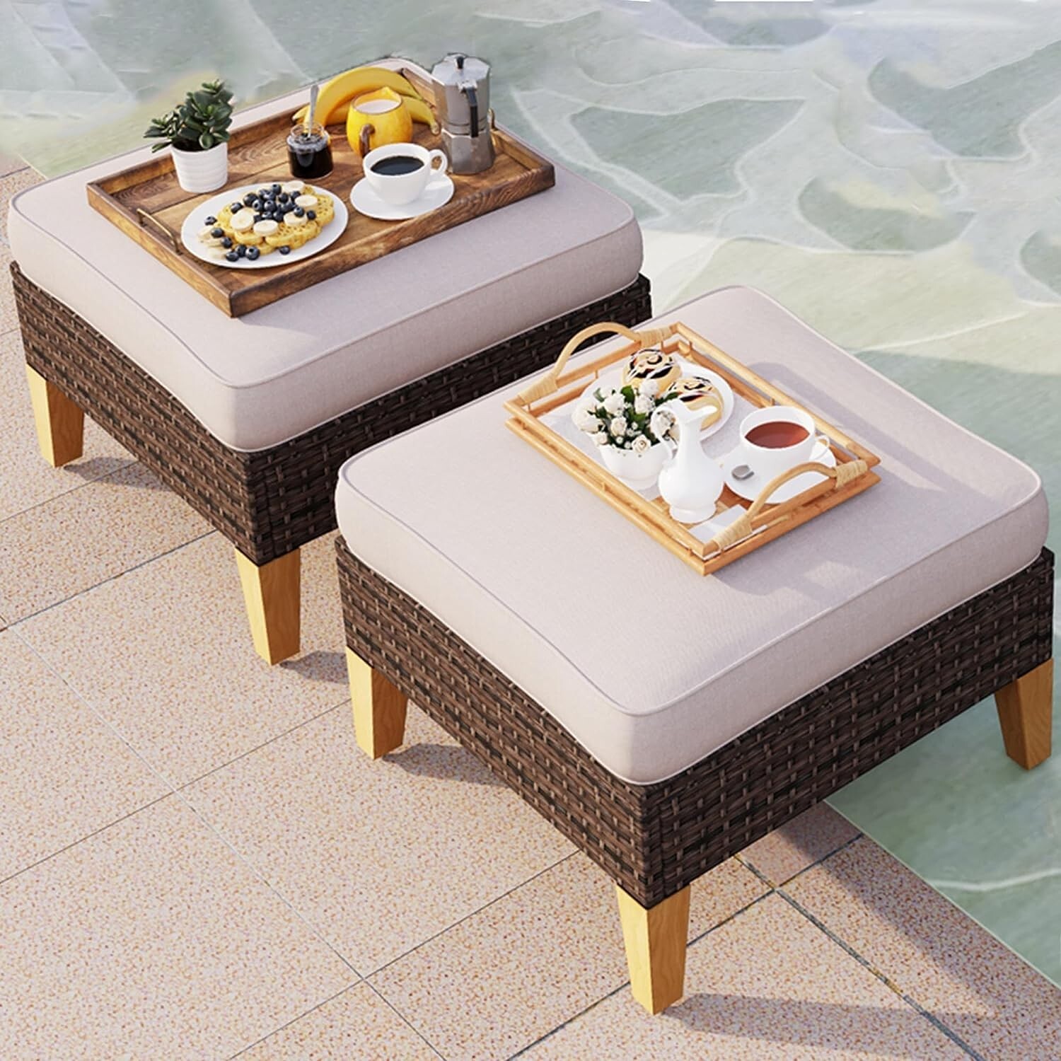 Outdoor Wicker Patio Furniture Sectional Sofa Set Cushion Sofa 2 x Ottoman,Beige
