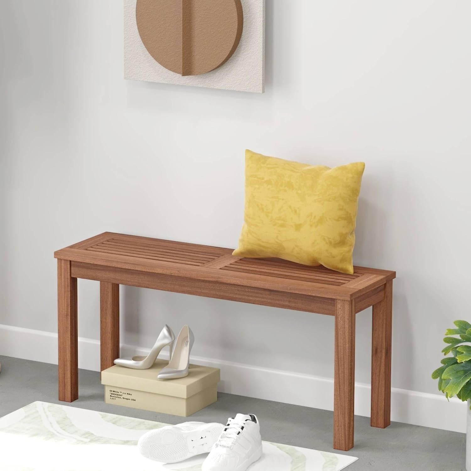 Natural Finish 39.5″ Slatted Wood Bench – Cozy 2-Person Loveseat for Any Setting
