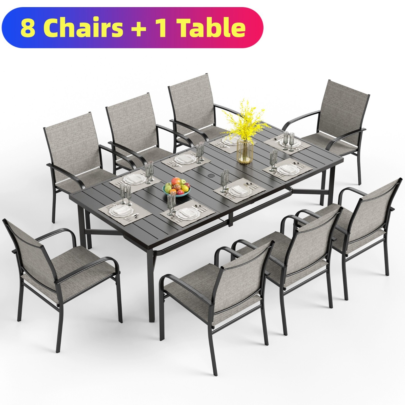 9 Piece Patio Table Chairs Set Outdoor Dining Furniture Set Armchairs Gray