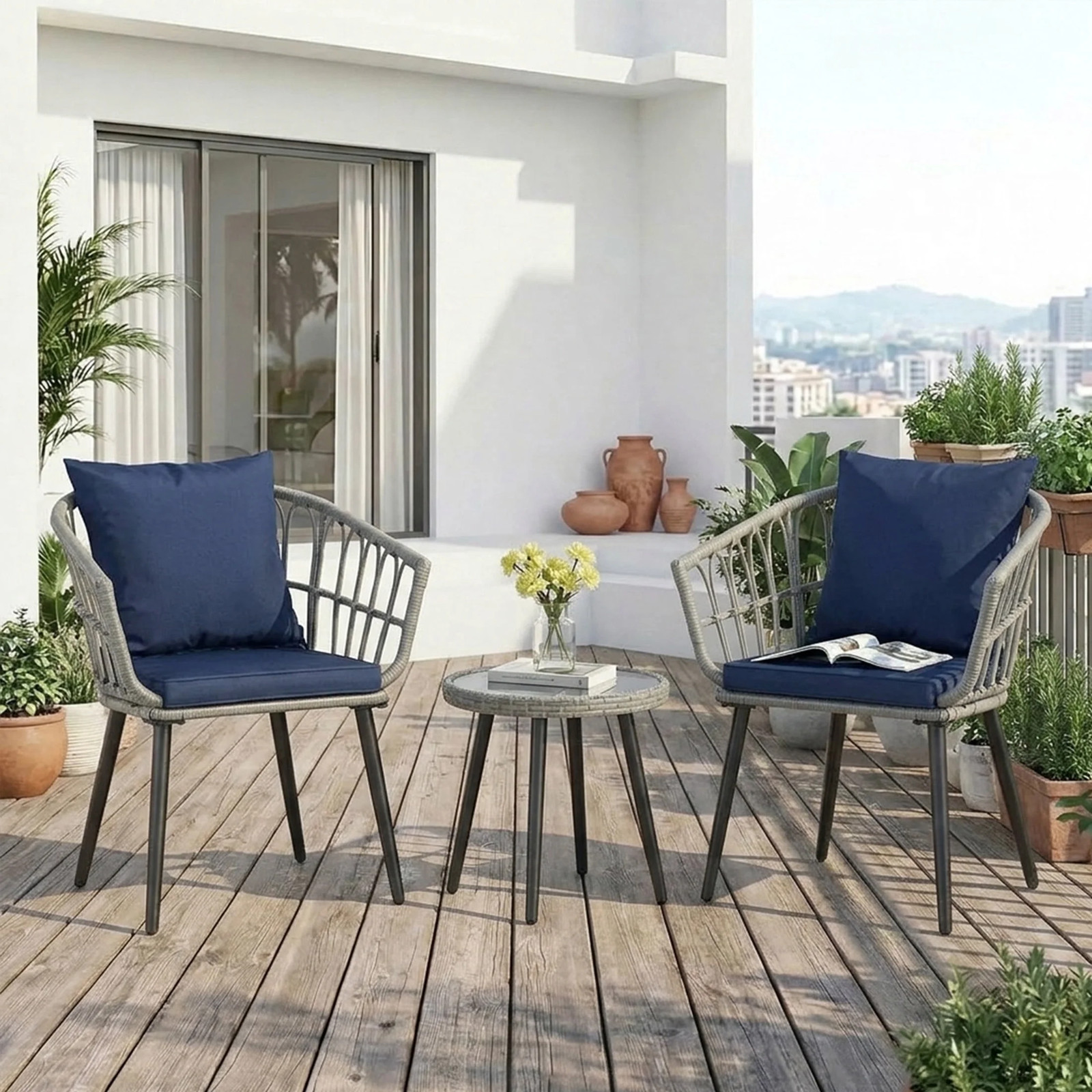 3 Piece Outdoor Patio Wicker Furniture Set, Rattan Chairs with Tempered Glass Co