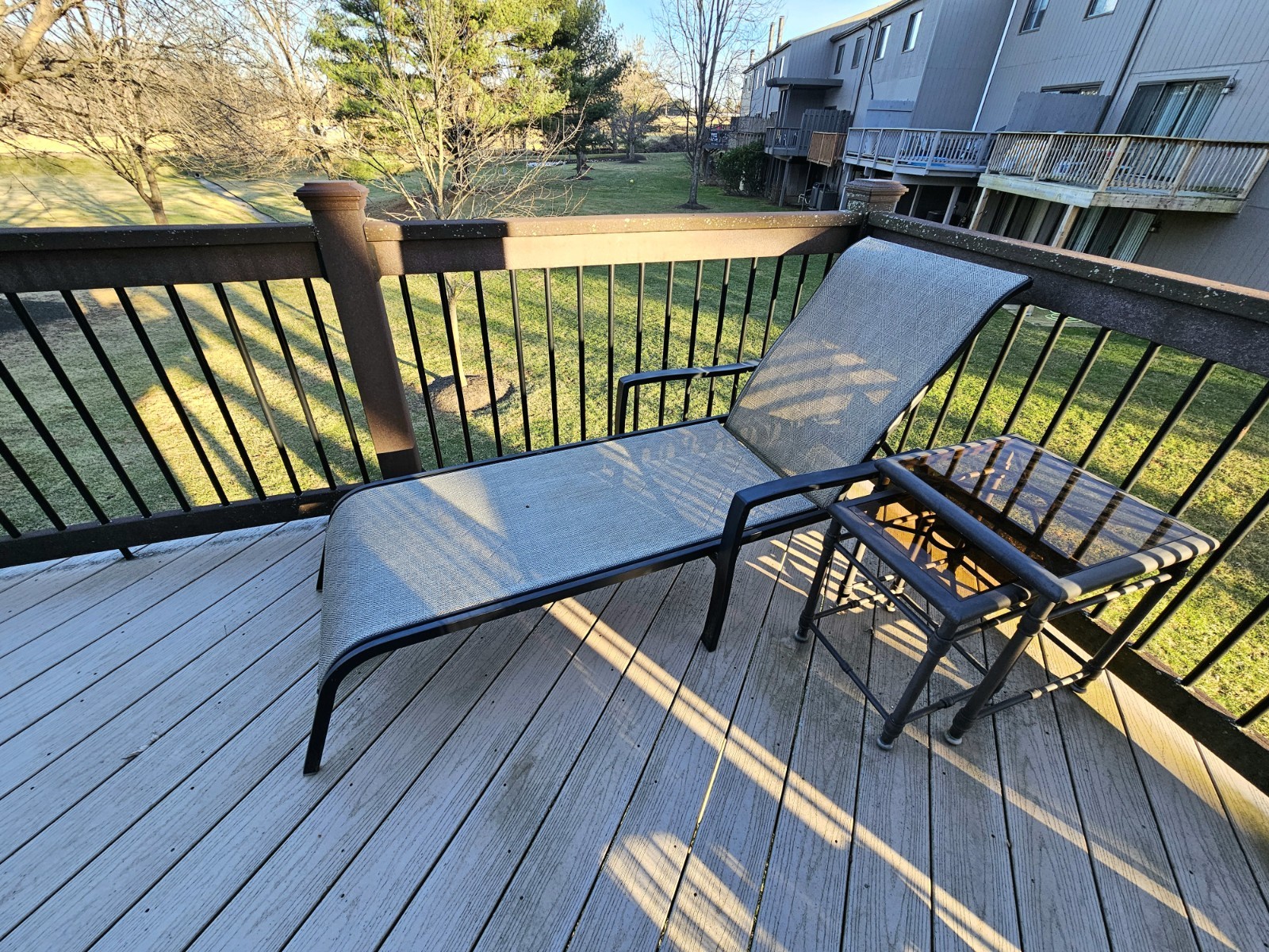 Outdoor Table & Chair Set, Metal Wicker, Black Gray, Round Glass Table, Lounge