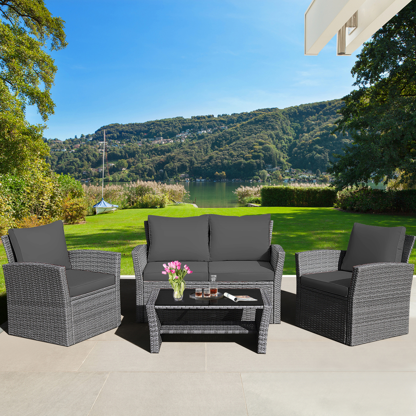 4PCS Patio Rattan Conversation Set Outdoor Furniture Set w/ Grey Cushions