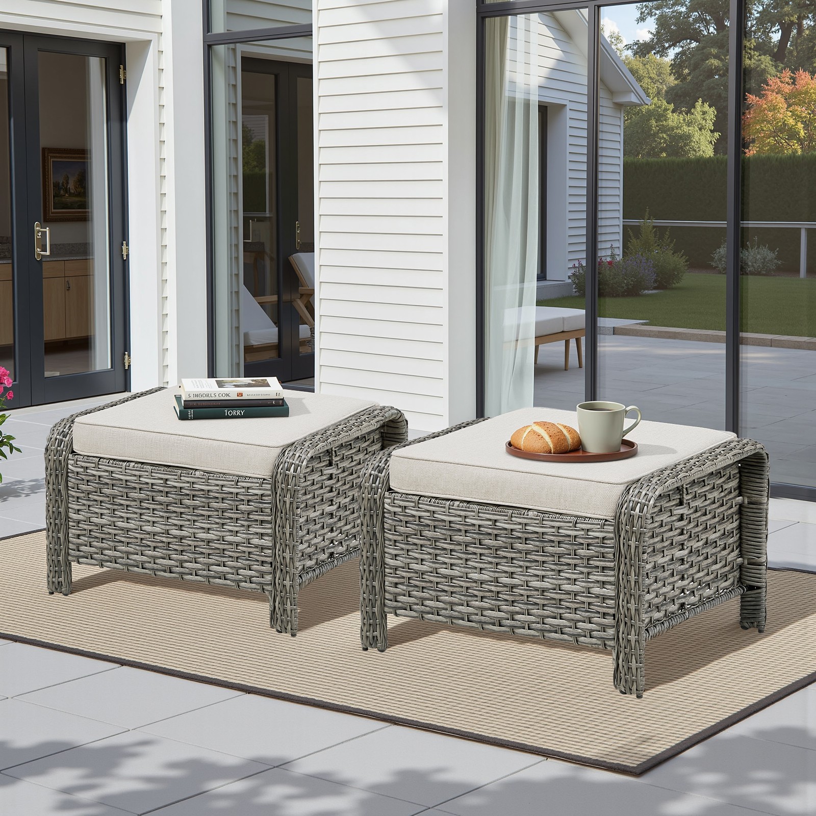 Patio Ottoman Set of 2, Gray PE Wicker with Beige Cushion, 250 lbs Capacity