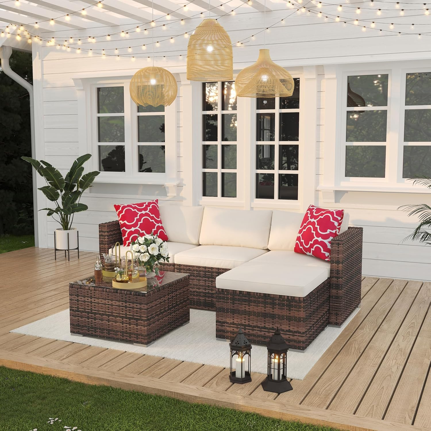 5 Pieces Patio Furniture Set, Outdoor Glass Table and Cushions with Rattan Wicke