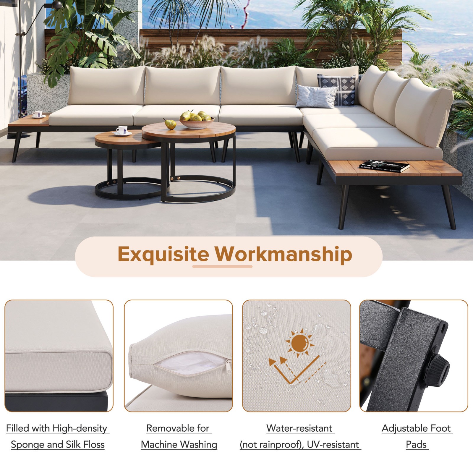 6-Piece Outdoor Sectional Sofa Set with Nesting Coffee Tables & Cushions