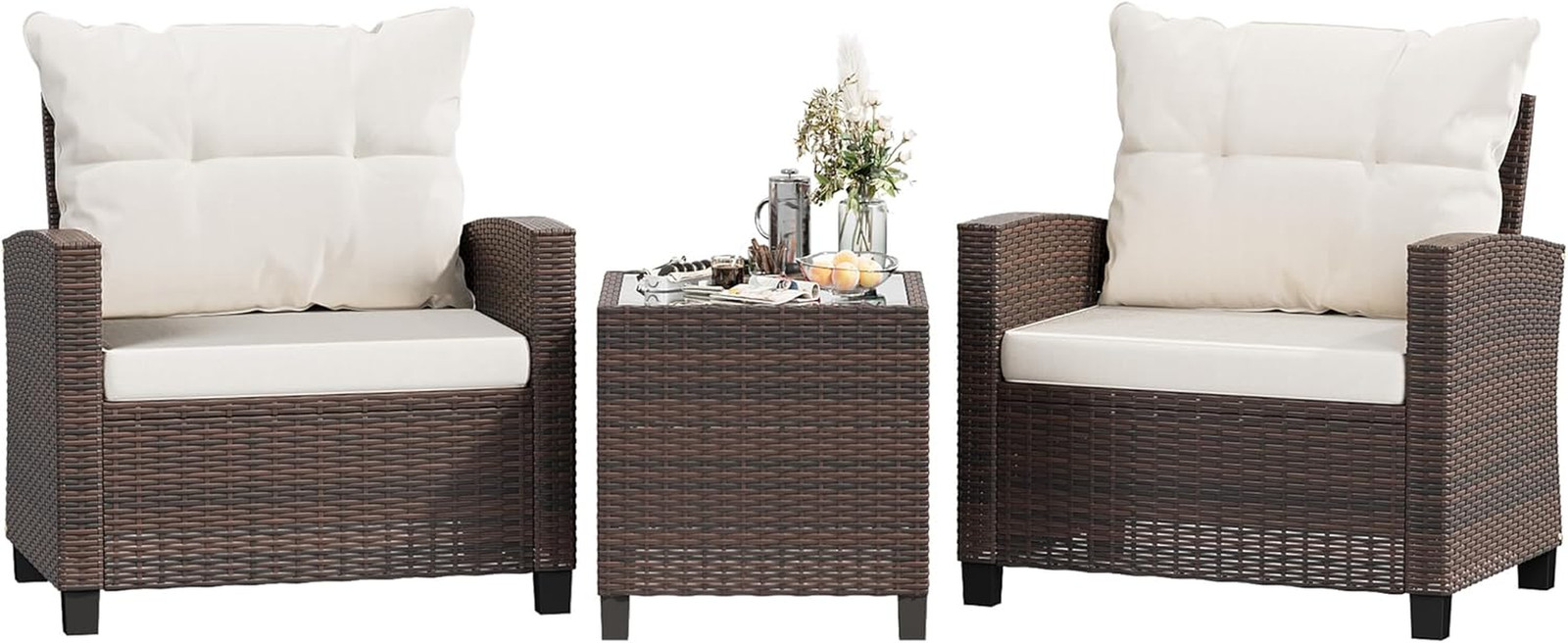 3 Pieces Patio Furniture Set, PE Rattan Wicker 3 Pcs Patio Set, Outdoor Furnitur