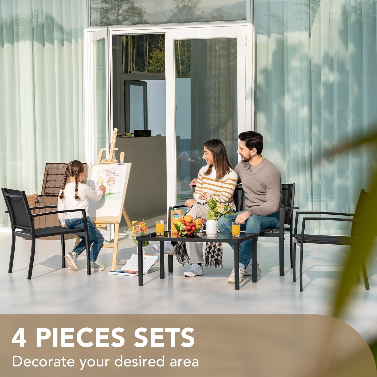 Modern Outdoor Patio Set – 4 Pieces with Breathable Chairs & Elegant Glass Table