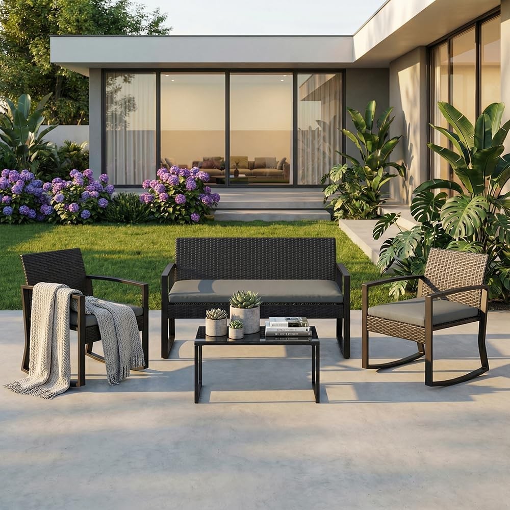 Outdoor 4PCS Rattan Rocking Chair Set Tempered Glass Coffee Table Cushion