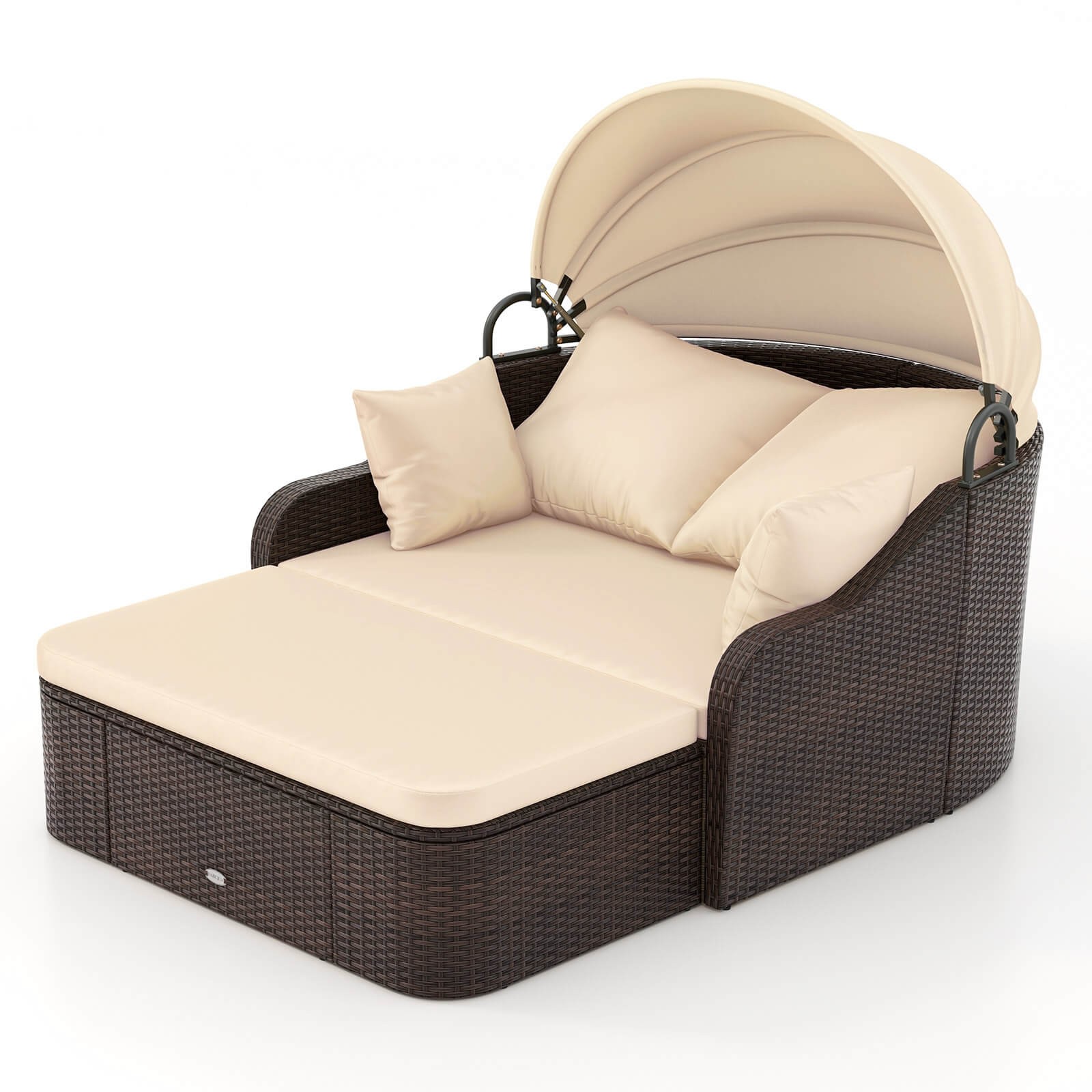 Patio PE Rattan Daybed with Retractable Canopy Soft Cushions and Extra Pillows