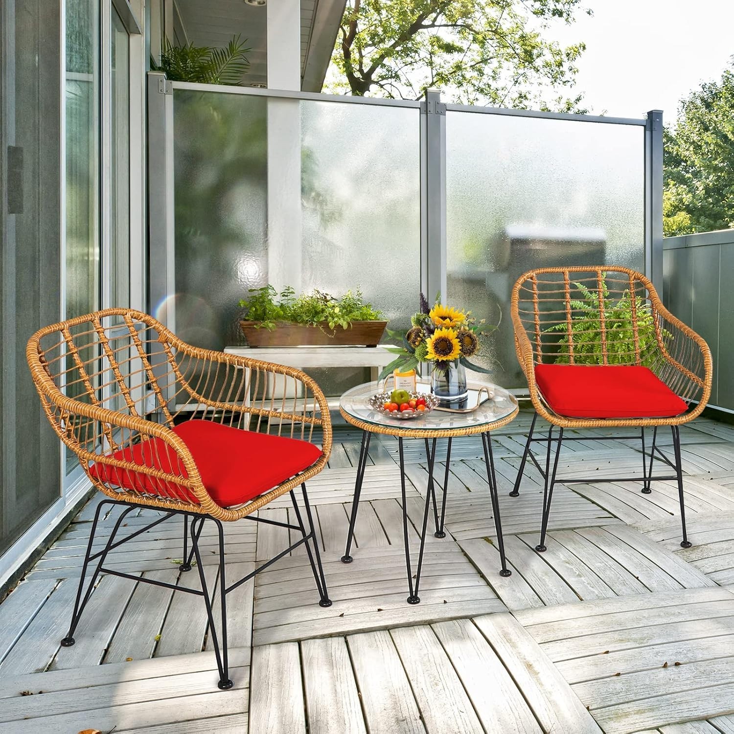 Durable Rattan Bistro Set with Cushioned Chairs & Round Glass Table for Patio