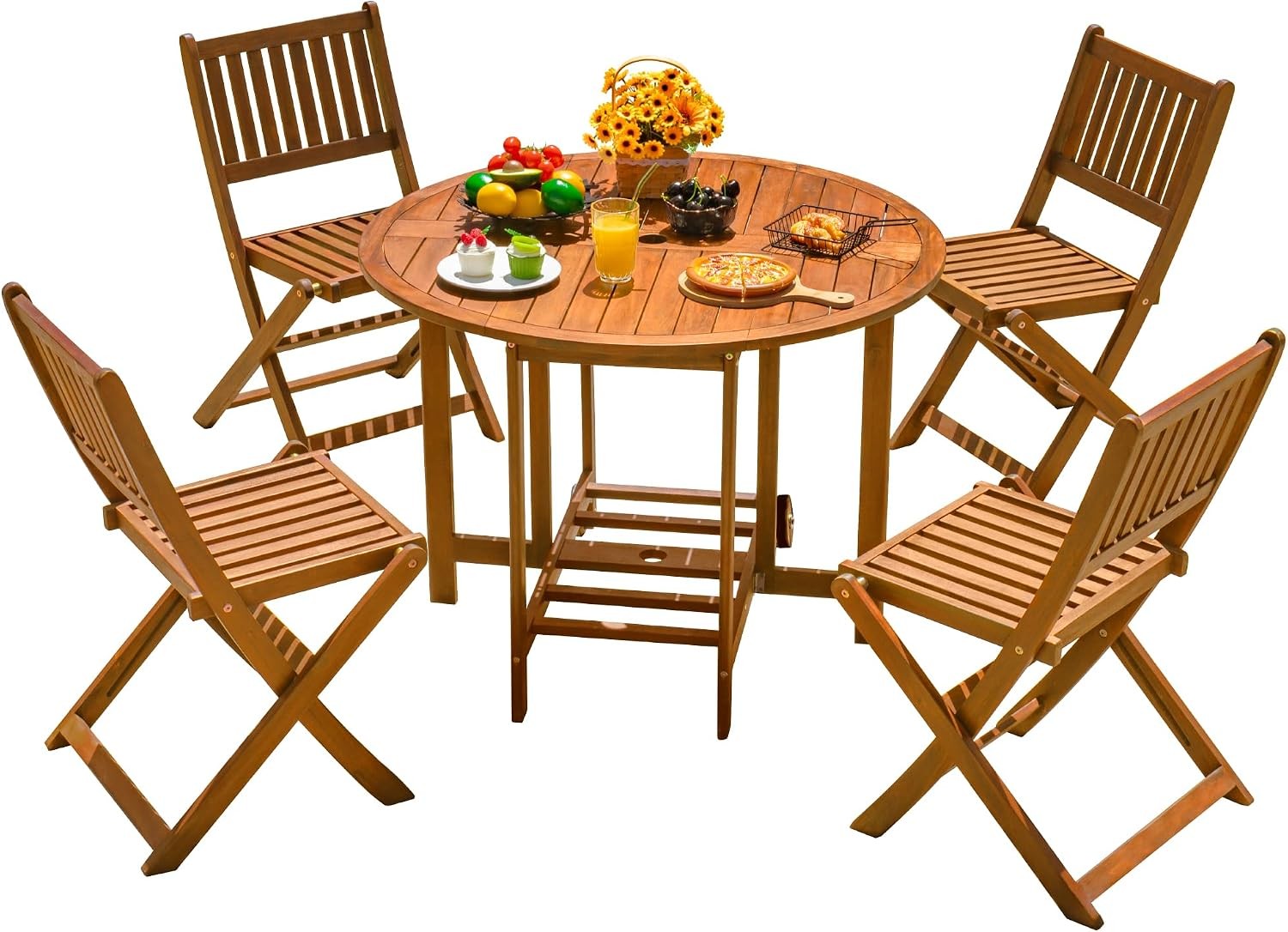 5 PCS Patio Furniture Patio Dining Set Acacia Wood Outdoor Table & 4 Chairs