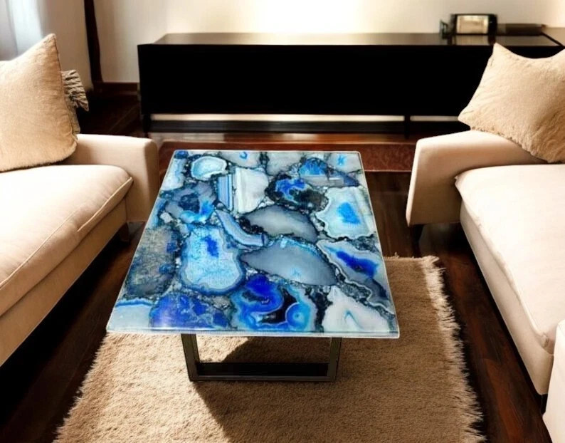 Square Blue Agate Coffee Table Exclusive Stone Luxury Hallway Interior Decor