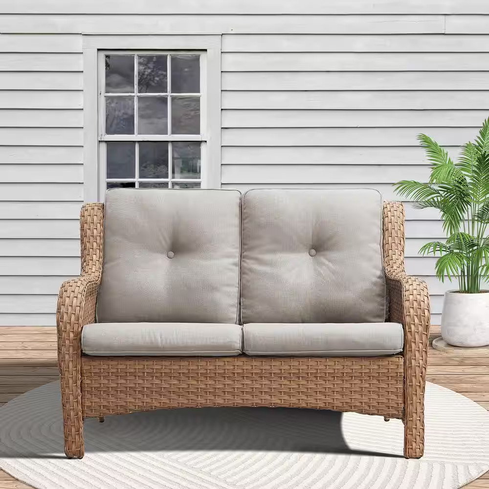 Arcline Yellow PE Wicker Outdoor Loveseat with Beige Cushions and Rests