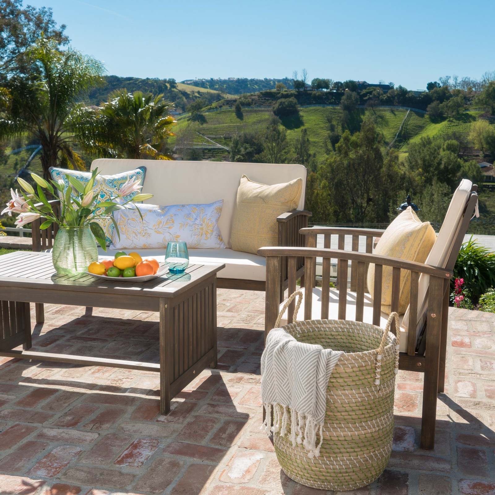 4 Pieces Wood Patio Furniture Set Outdoor Patio Conversation Set for Backyard