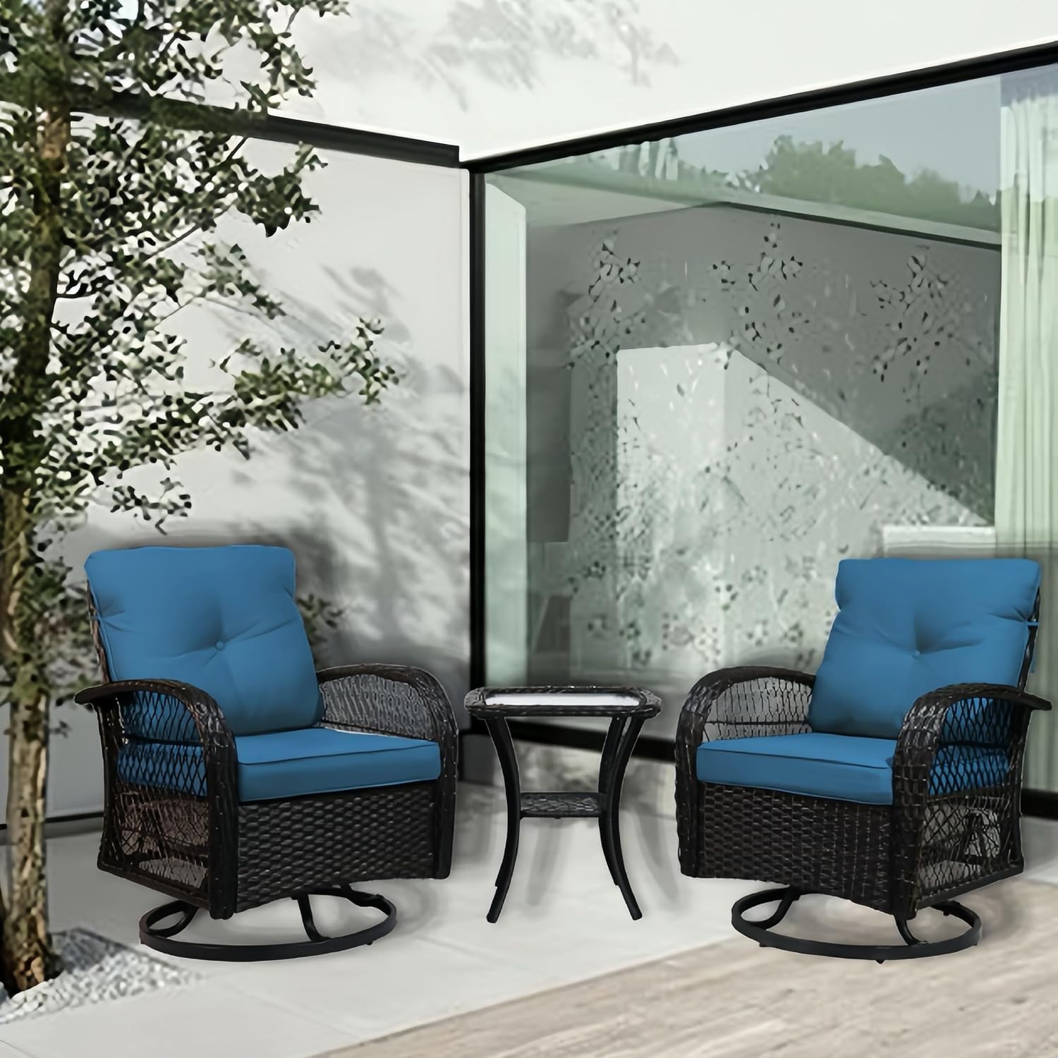 3 Piece Patio Furniture Set, 2 Outdoor Swivel Rocking Chairs w/ Side Table Blue