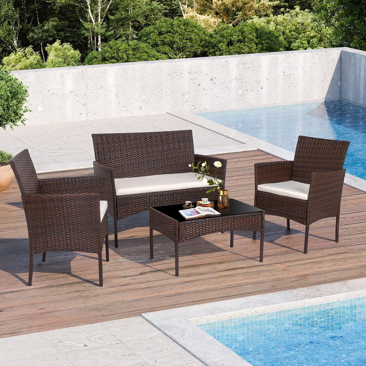 4 Piece Outdoor Patio Furniture Set, Wicker Rattan Patio Conversation Set, Outdo