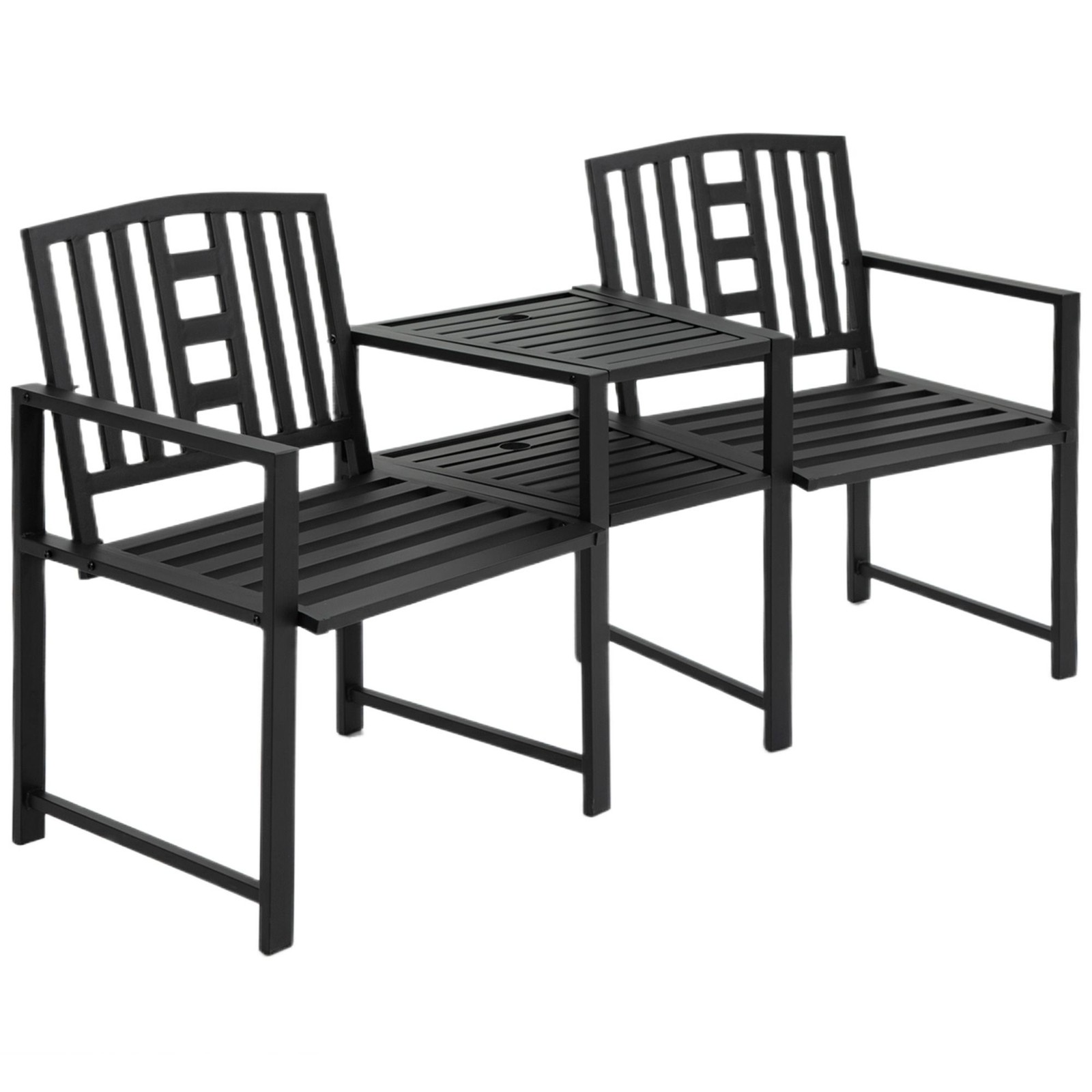 Powder-Coated Metal Patio Loveseat w/ 65in L Table & Umbrella Hole