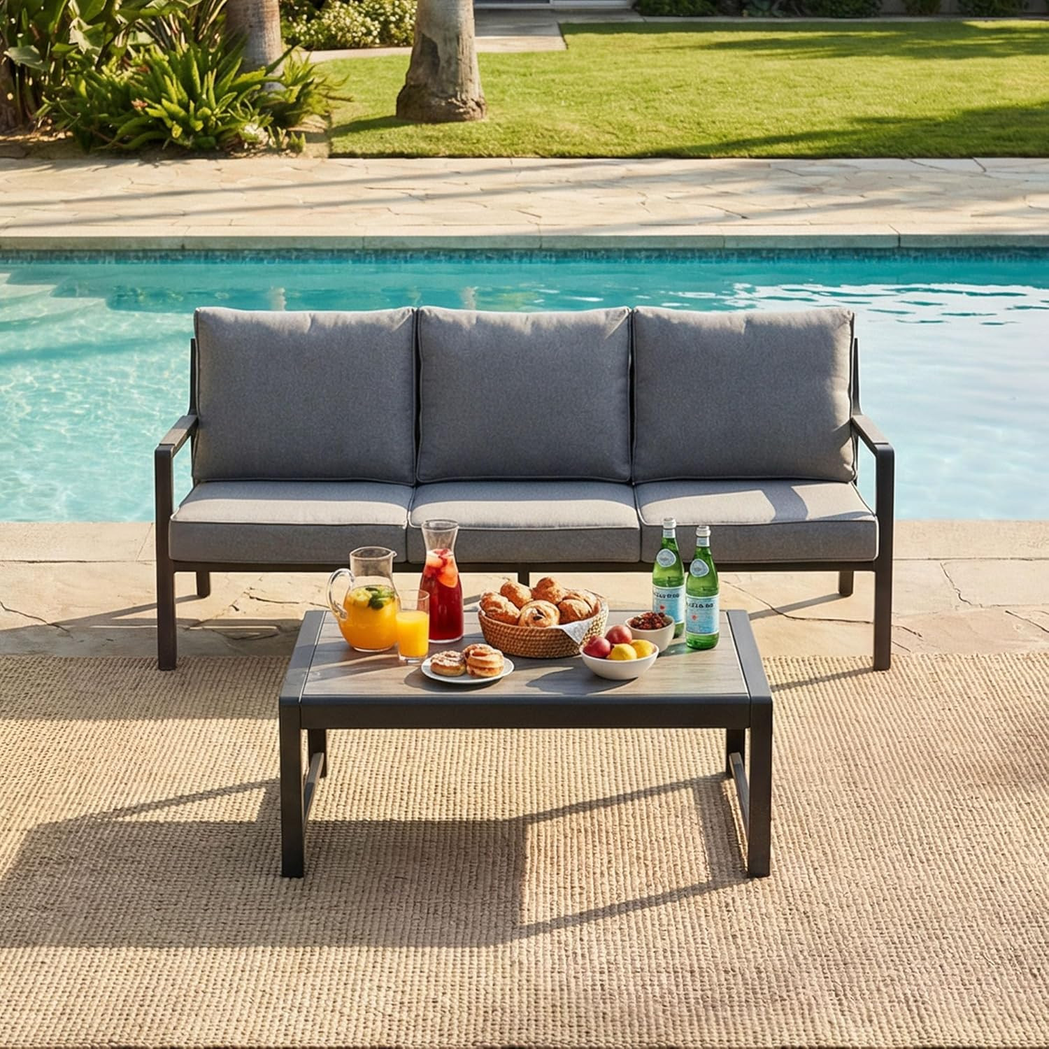 Weather-Resistant Iron-Aluminum Patio Sofa Set with Wood-Grain Table